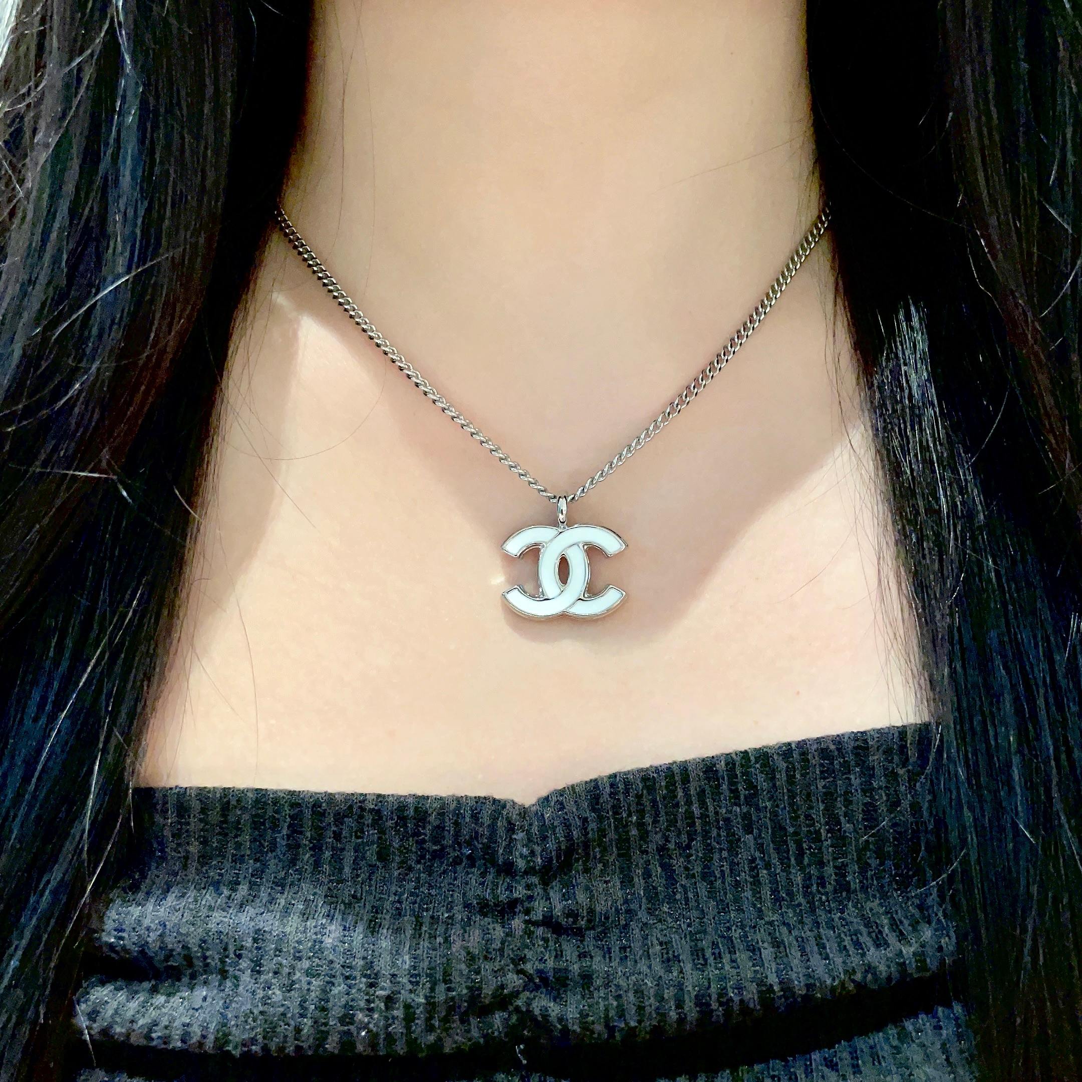 Chanel CC Logo Pendant Necklace necklace Silver-tone metal with white enamel 42cm