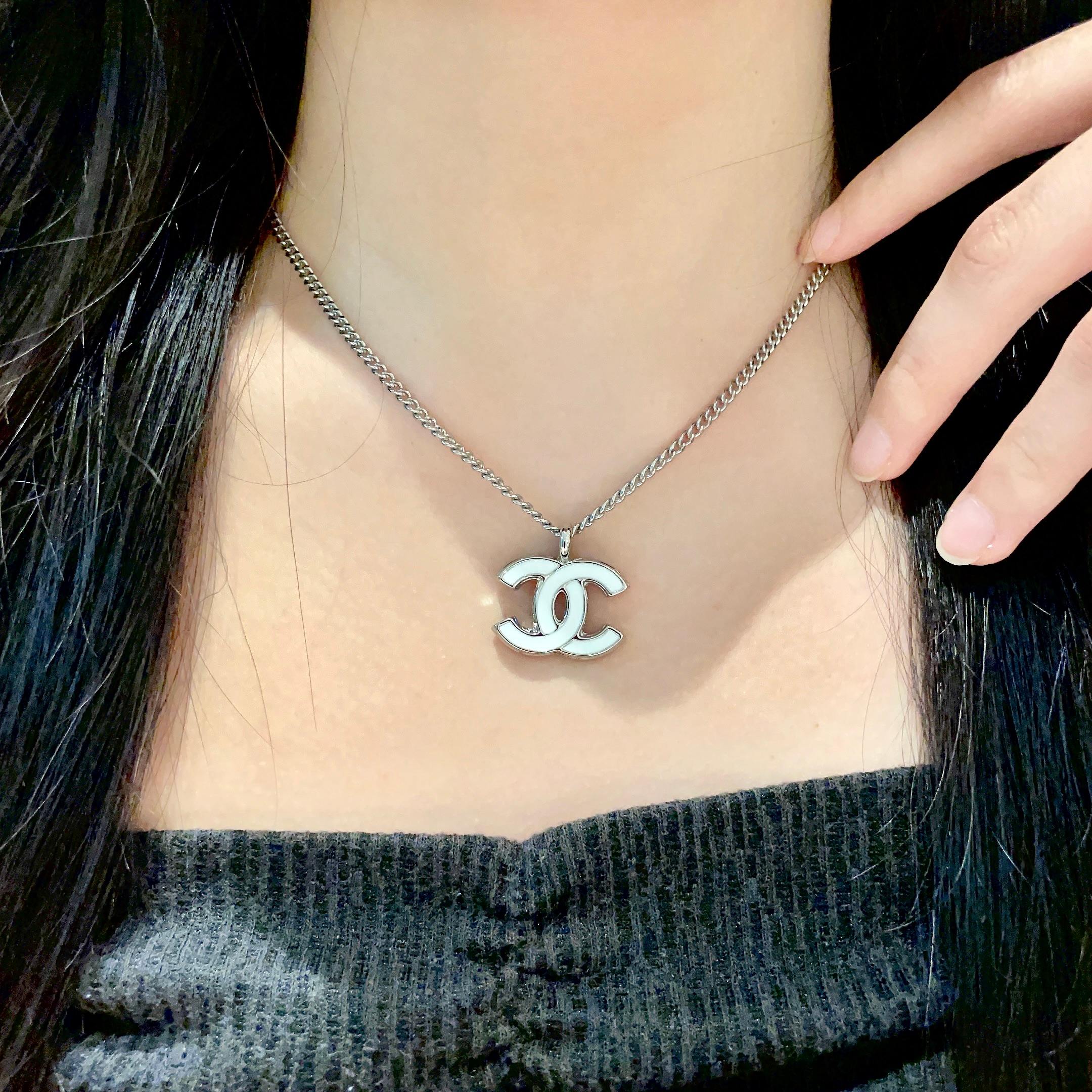 Chanel CC Logo Pendant Necklace necklace Silver-tone metal with white enamel 42cm