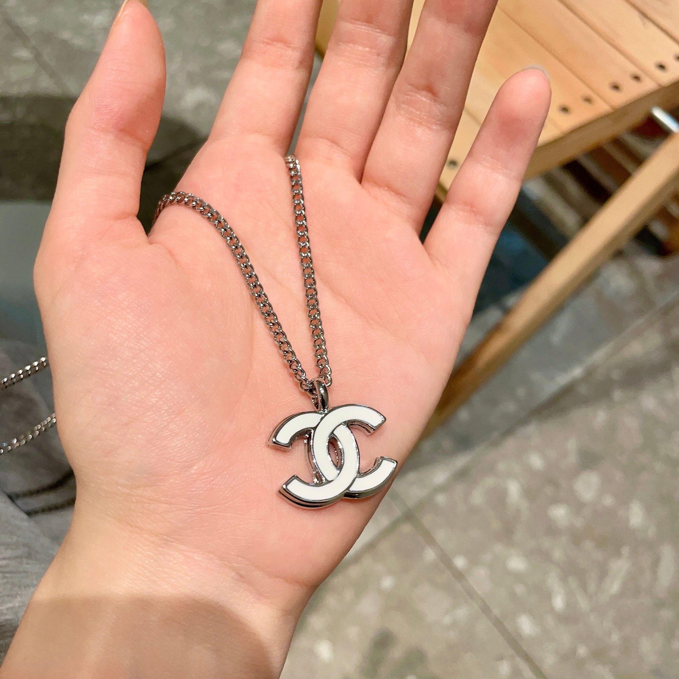 Chanel CC Logo Pendant Necklace necklace Silver-tone metal with white enamel 42cm