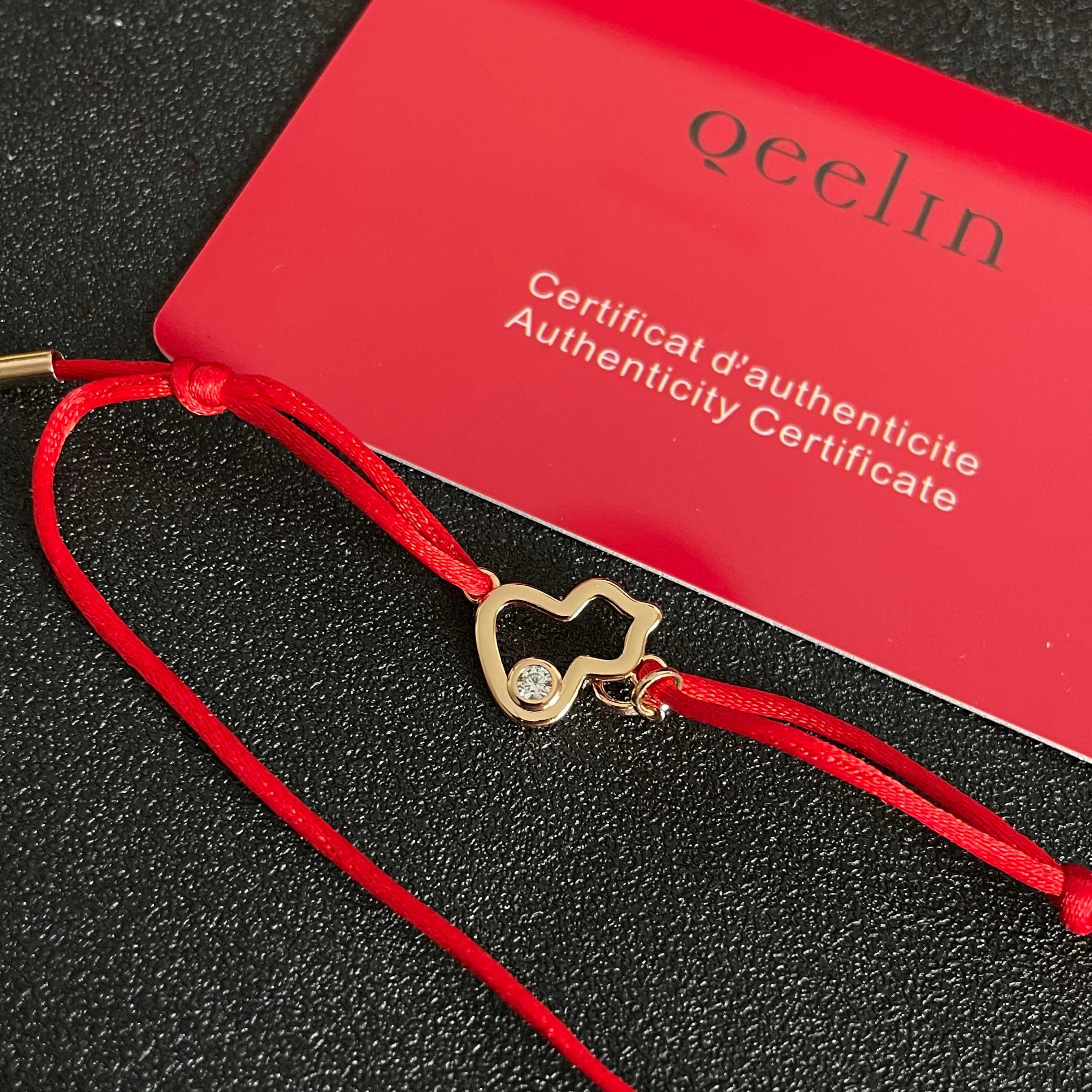 Qeelin Kirin Mini Gourd bracelet gold-toned metal clear diamond accent red cord adjustable sliding knot fits 15-19cm wrist