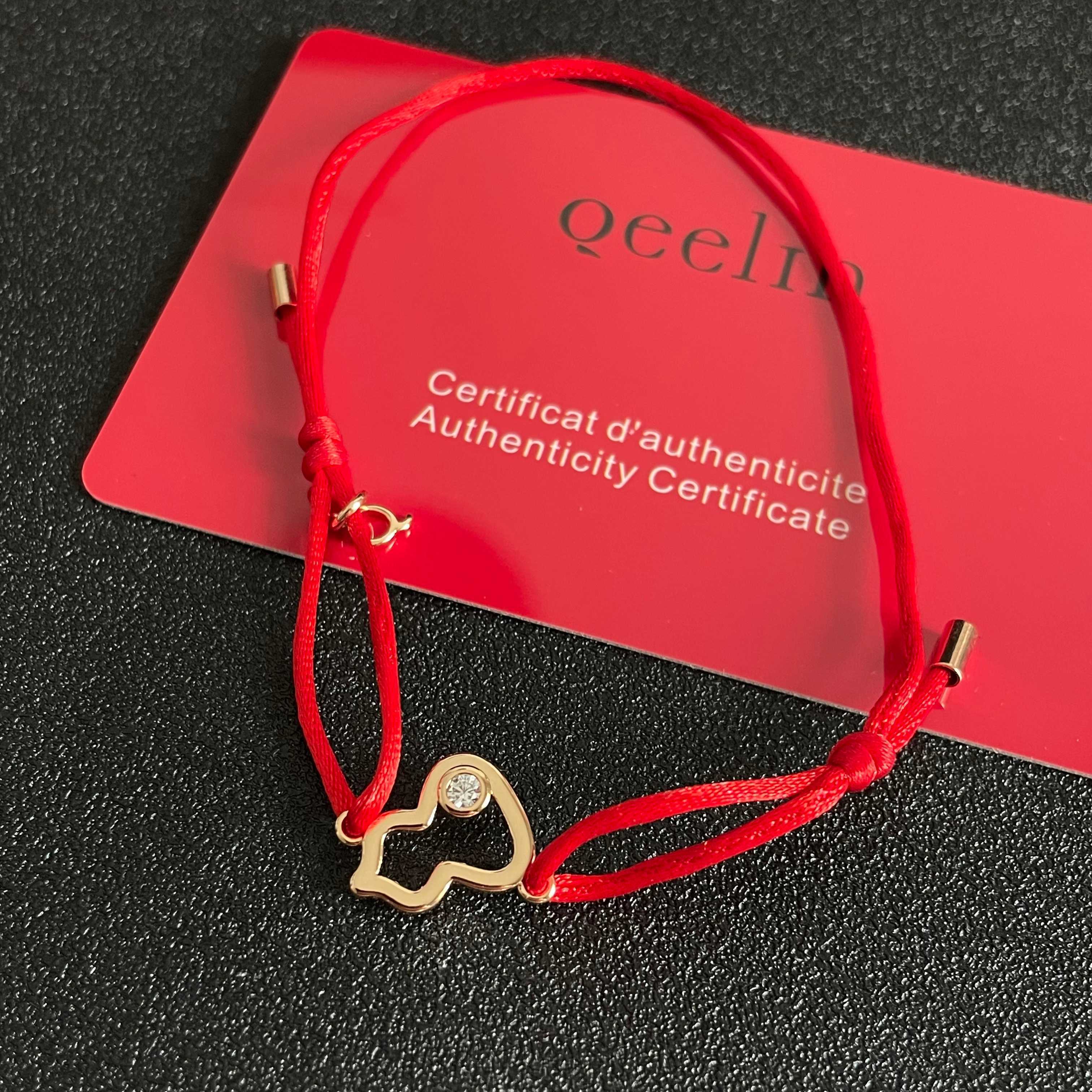 Qeelin Kirin Mini Gourd bracelet gold-toned metal clear diamond accent red cord adjustable sliding knot fits 15-19cm wrist