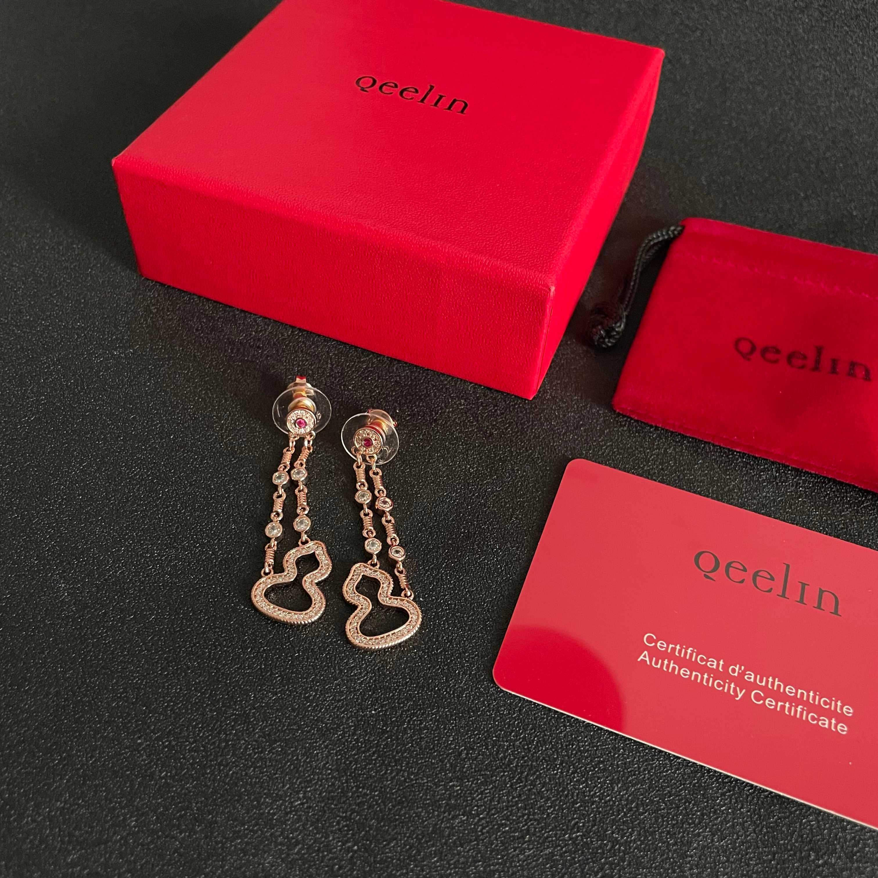 Qeelin Wulu earrings 18K rose gold white diamonds pink ruby 3 5cm drop length
