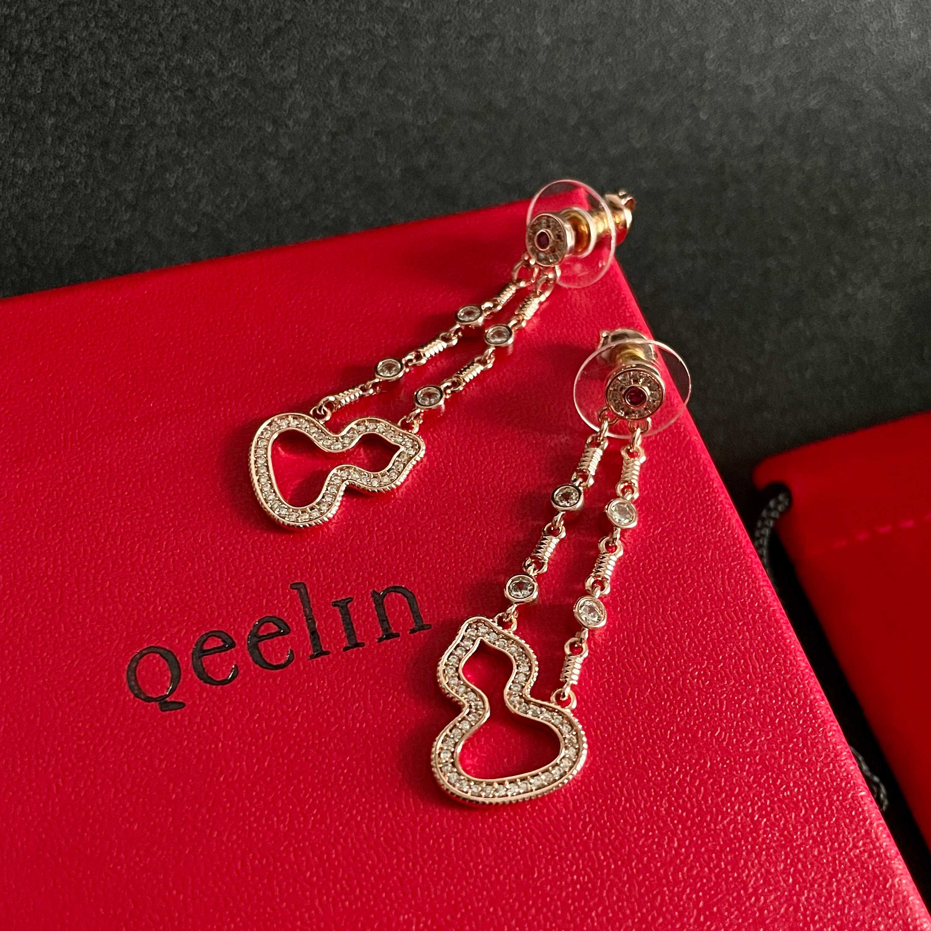 Qeelin Wulu earrings 18K rose gold white diamonds pink ruby 3 5cm drop length