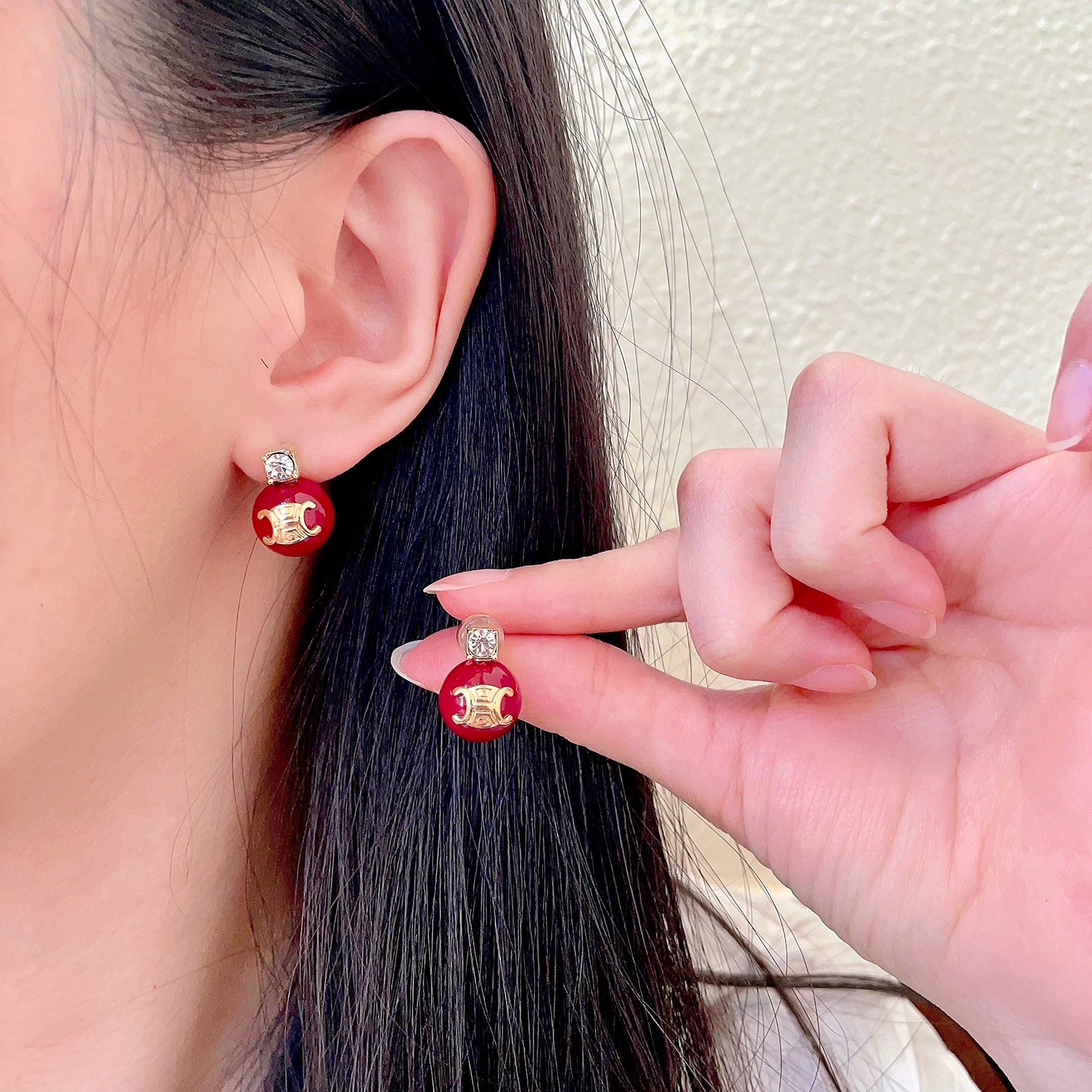 Celine Triomphe Red Bead Stud Earrings earrings gold-tone metal deep red resin bead clear faceted crystal accent 10mm bead diameter standard stud post length
