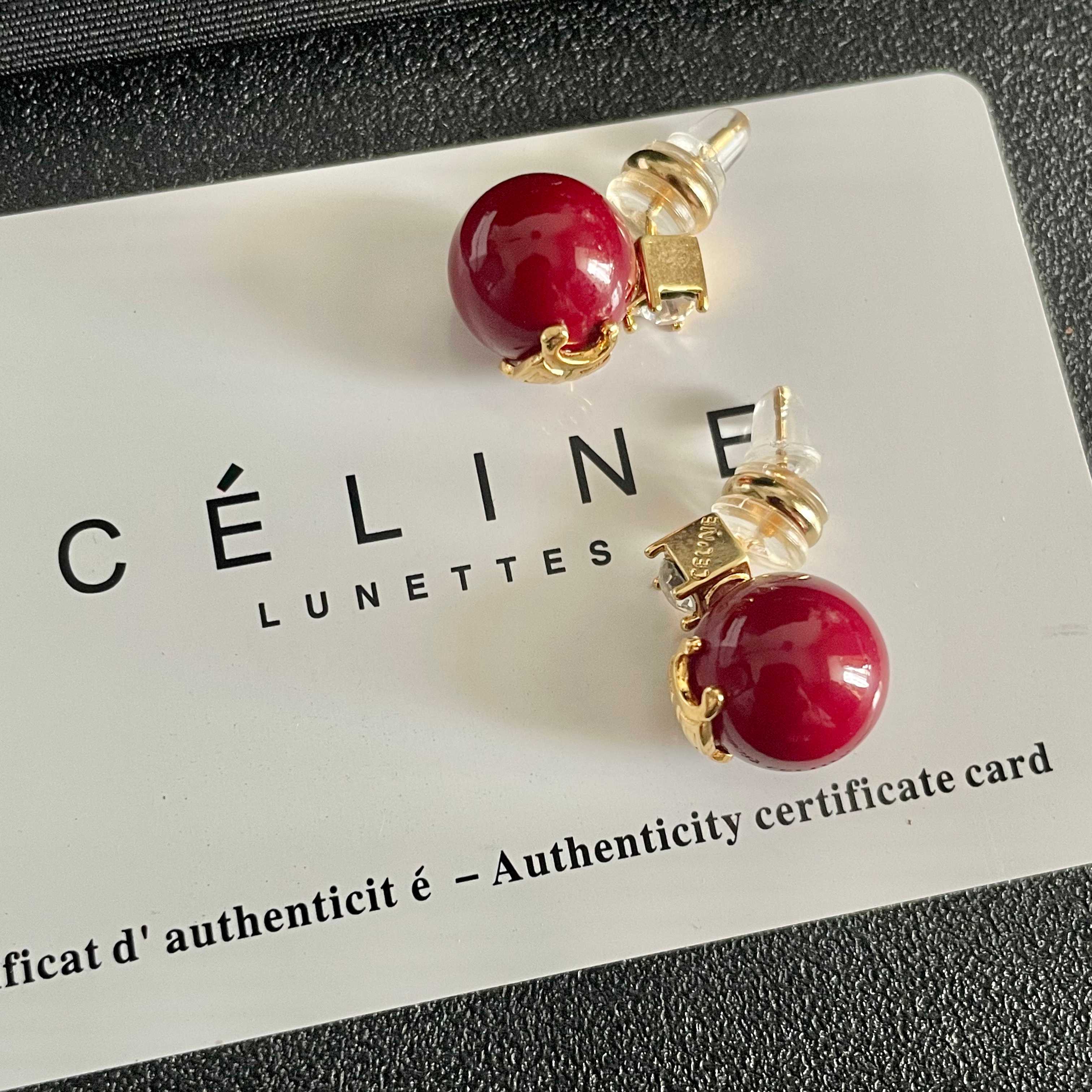Celine Triomphe Red Bead Stud Earrings earrings gold-tone metal deep red resin bead clear faceted crystal accent 10mm bead diameter standard stud post length