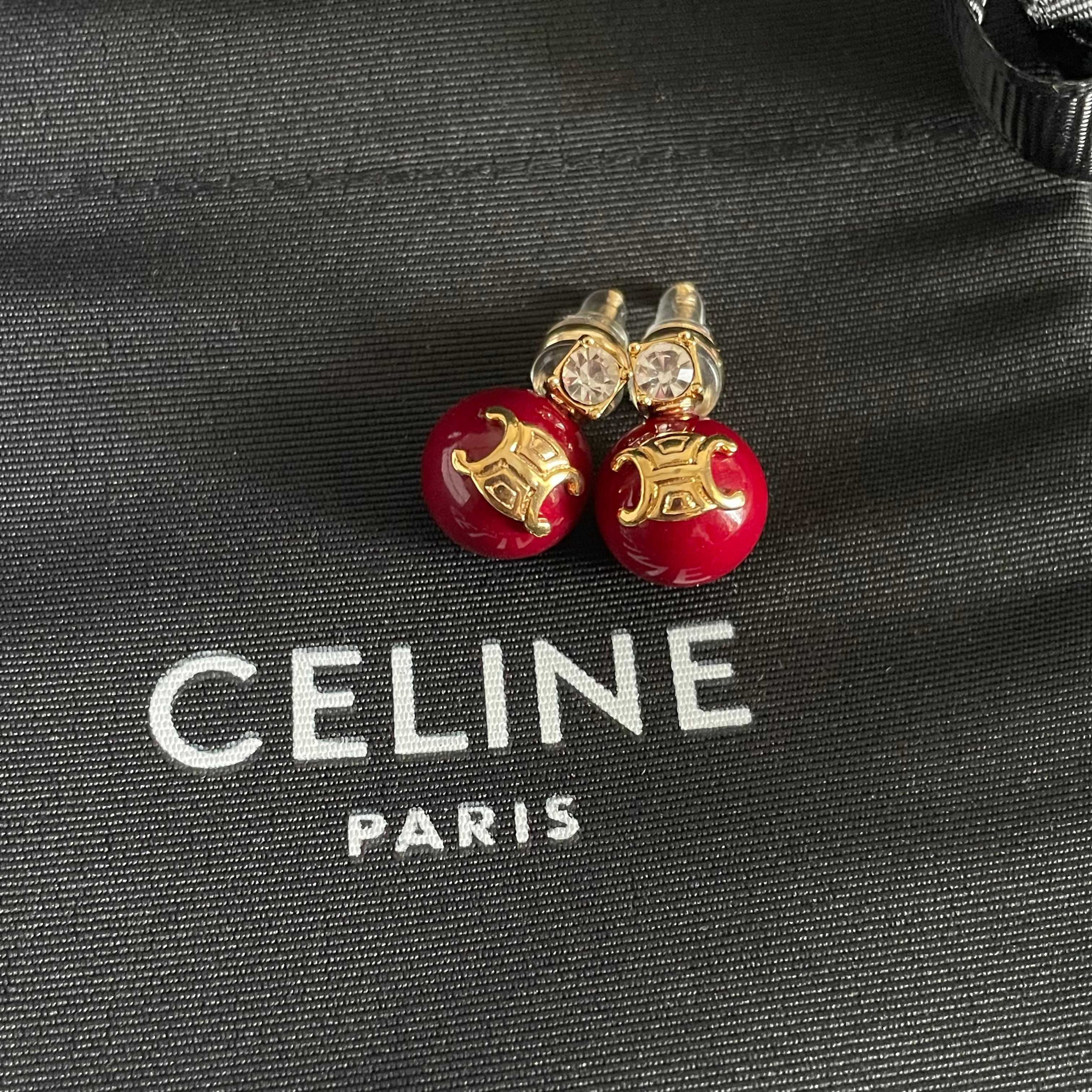 Celine Triomphe Red Bead Stud Earrings earrings gold-tone metal deep red resin bead clear faceted crystal accent 10mm bead diameter standard stud post length