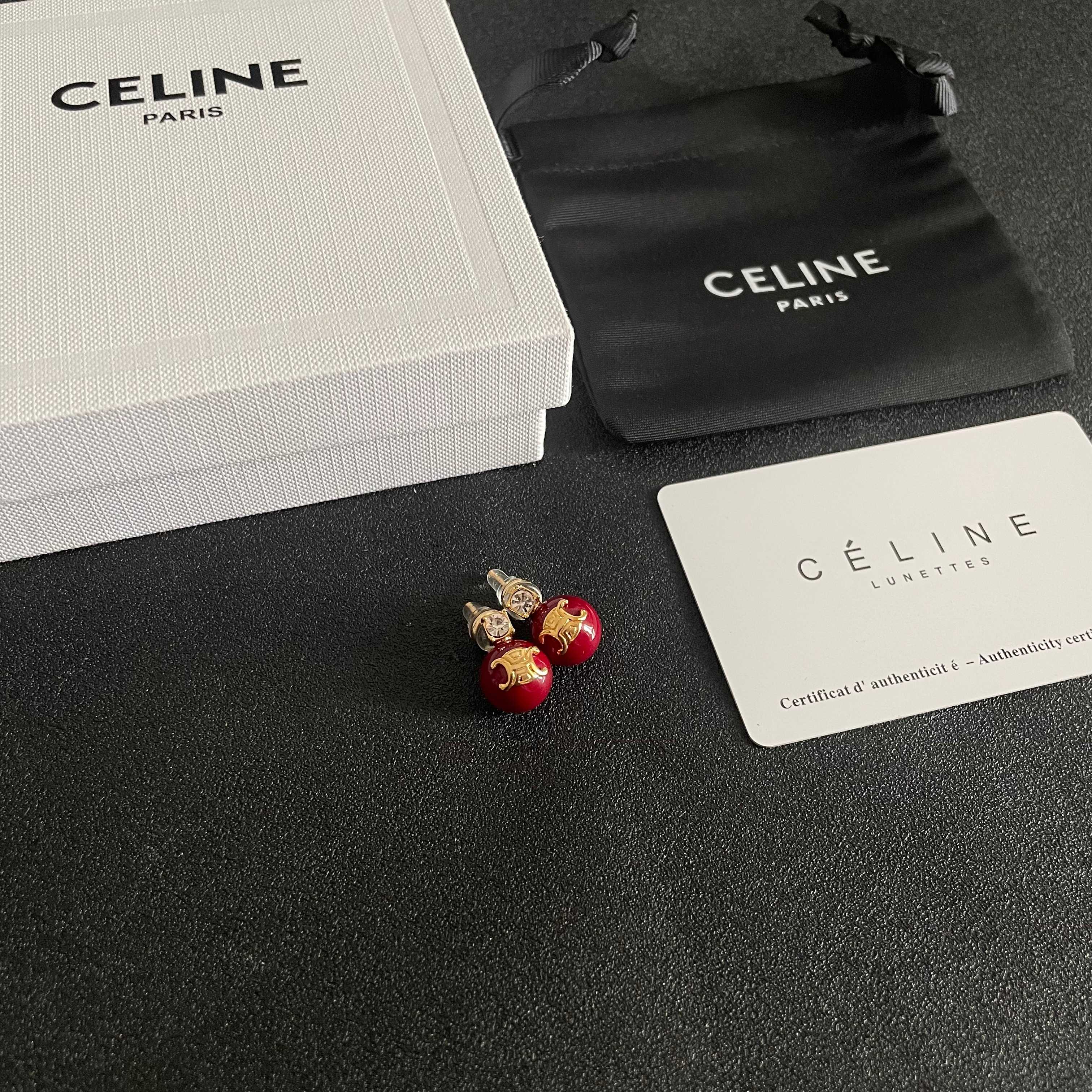 Celine Triomphe Red Bead Stud Earrings earrings gold-tone metal deep red resin bead clear faceted crystal accent 10mm bead diameter standard stud post length