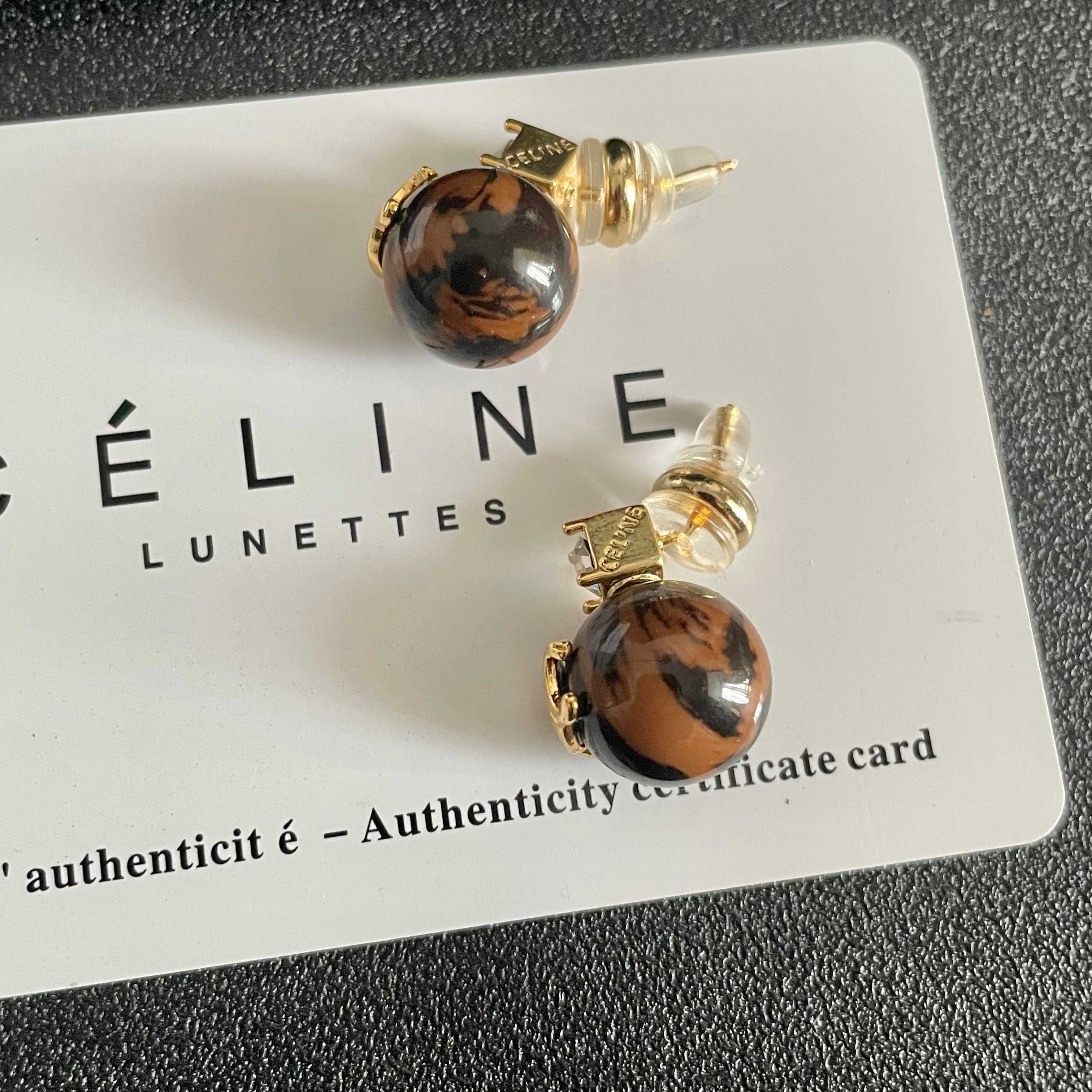 Celine Triomphe Resin Ball Stud Earrings earrings gold-tone metal tortoiseshell brown resin clear cubic zirconia accent 10mm ball diameter standard stud post length
