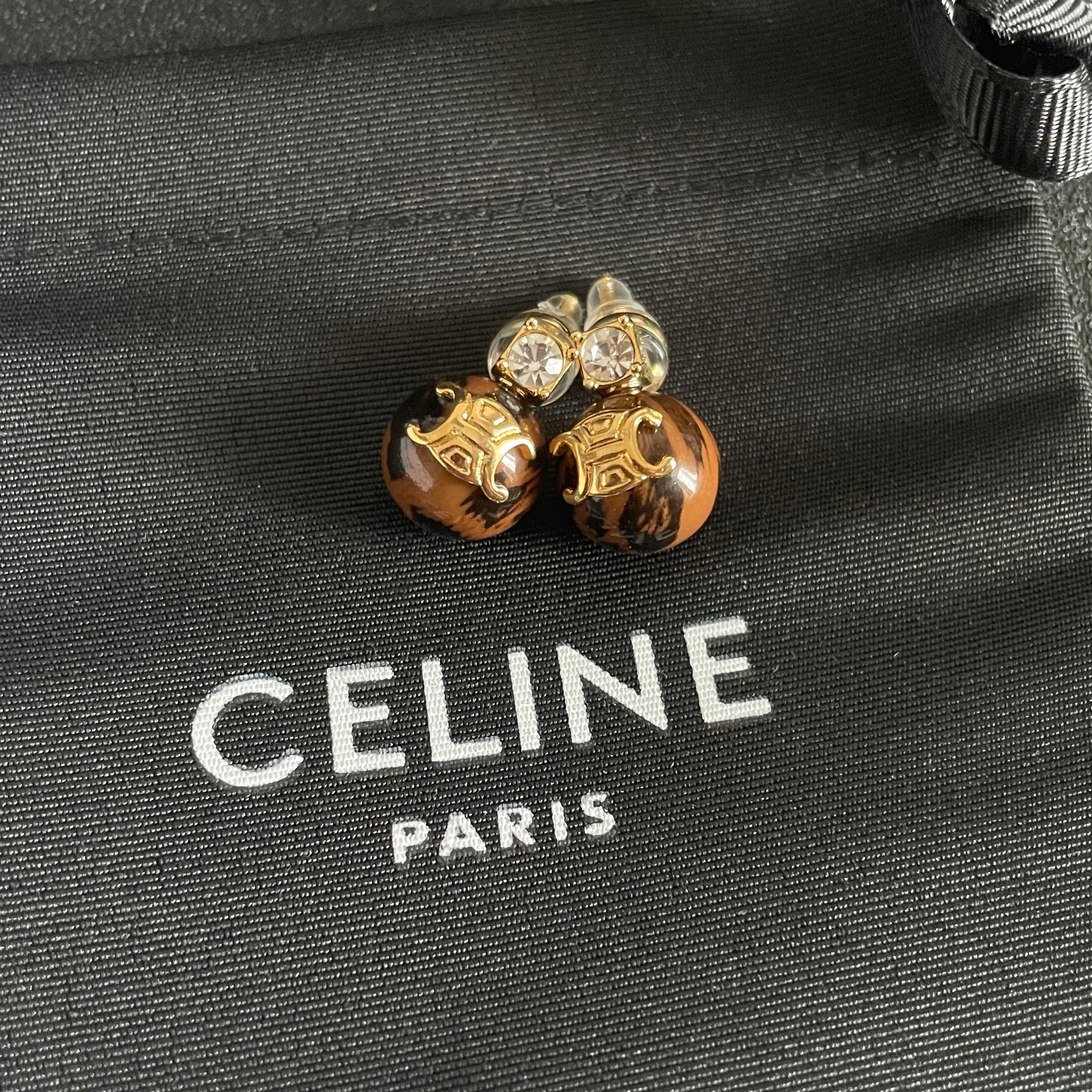 Celine Triomphe Resin Ball Stud Earrings earrings gold-tone metal tortoiseshell brown resin clear cubic zirconia accent 10mm ball diameter standard stud post length