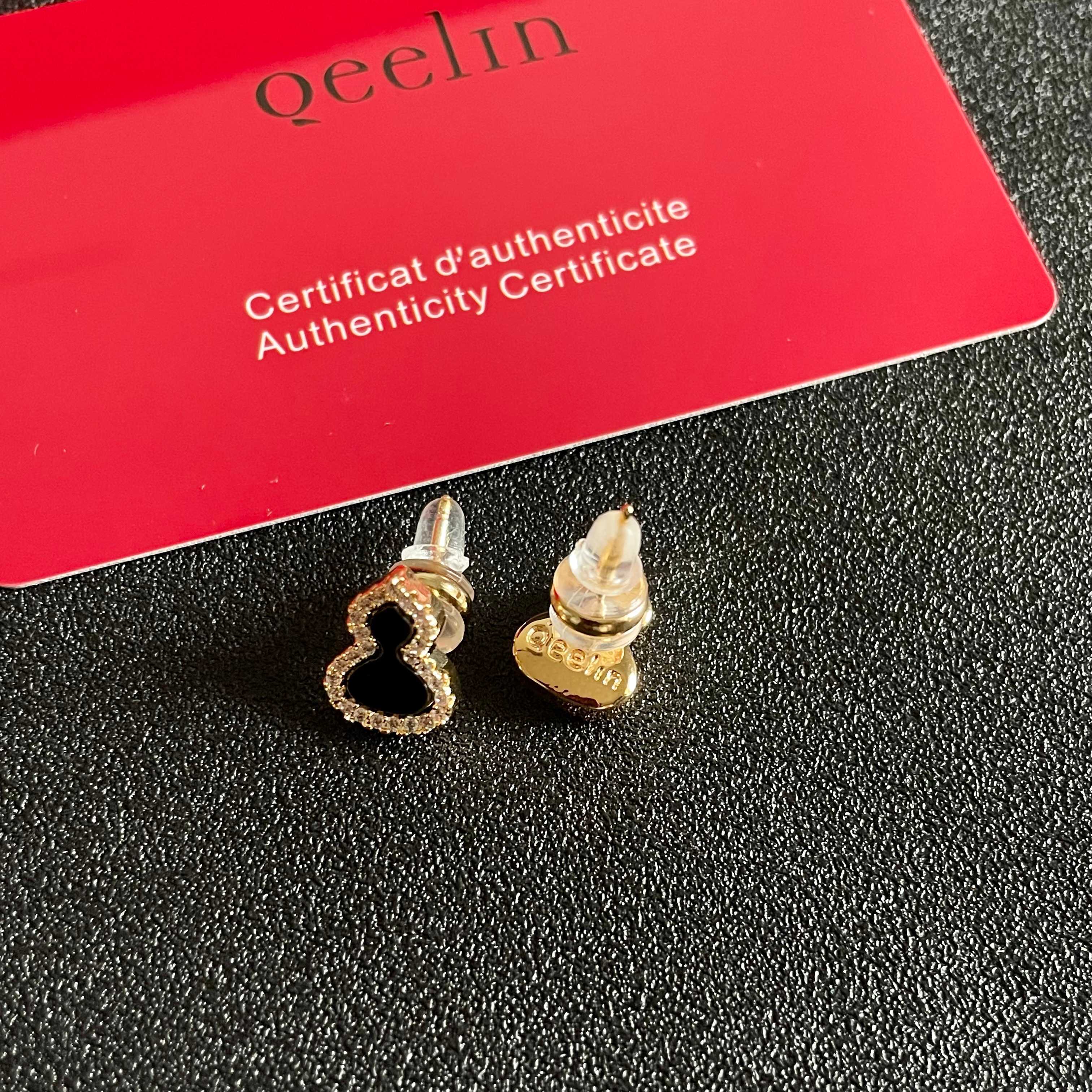 Qeelin Kirin Mini Gourd earrings 18K rose gold with black onyx inlay and diamond pave accents mini stud size
