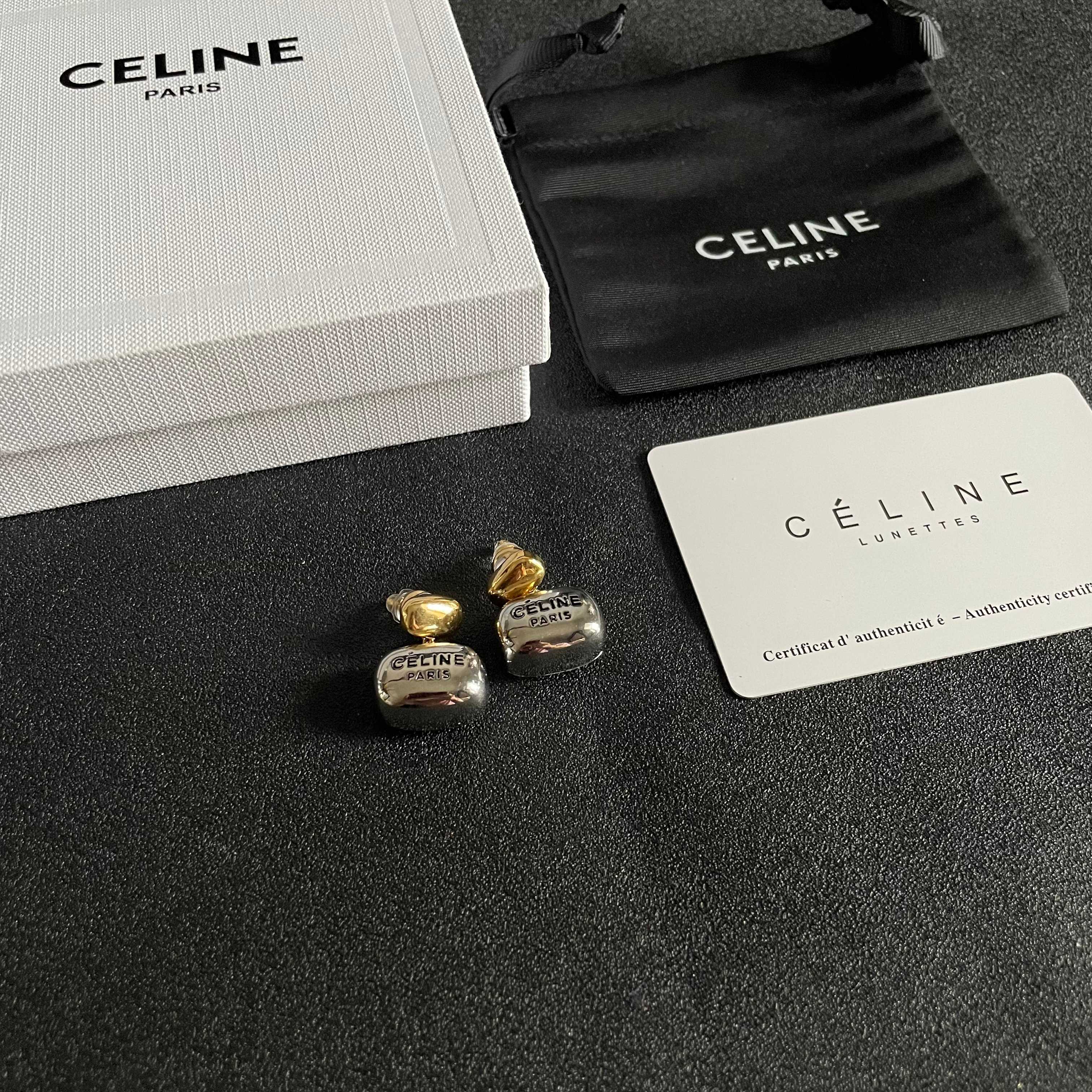 Celine Paris Logo Two-Tone Drop Earrings earrings Two-tone gold and silver metal with black engraved logo One Size drop length approx 1 5cm