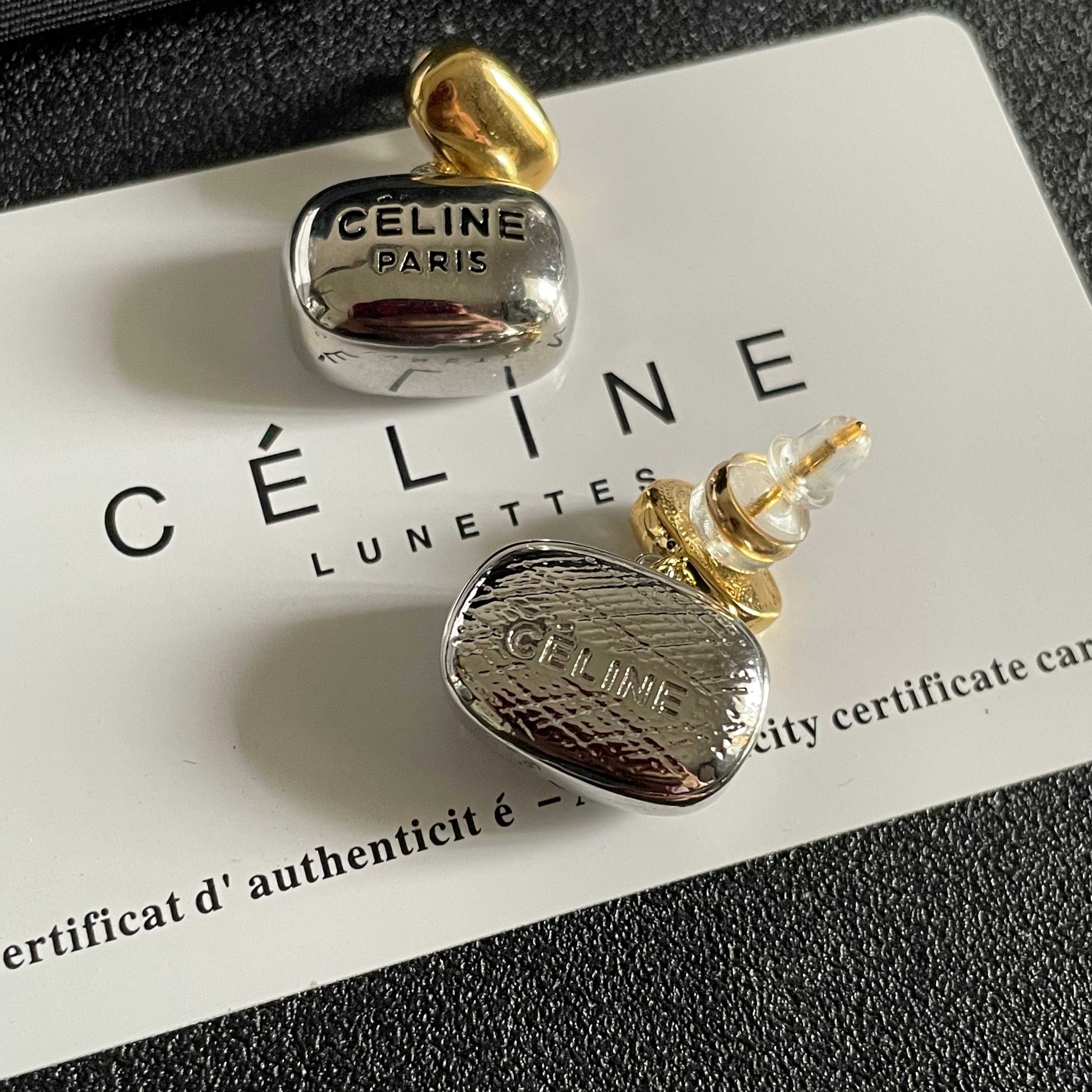 Celine Paris Logo Two-Tone Drop Earrings earrings Two-tone gold and silver metal with black engraved logo One Size drop length approx 1 5cm