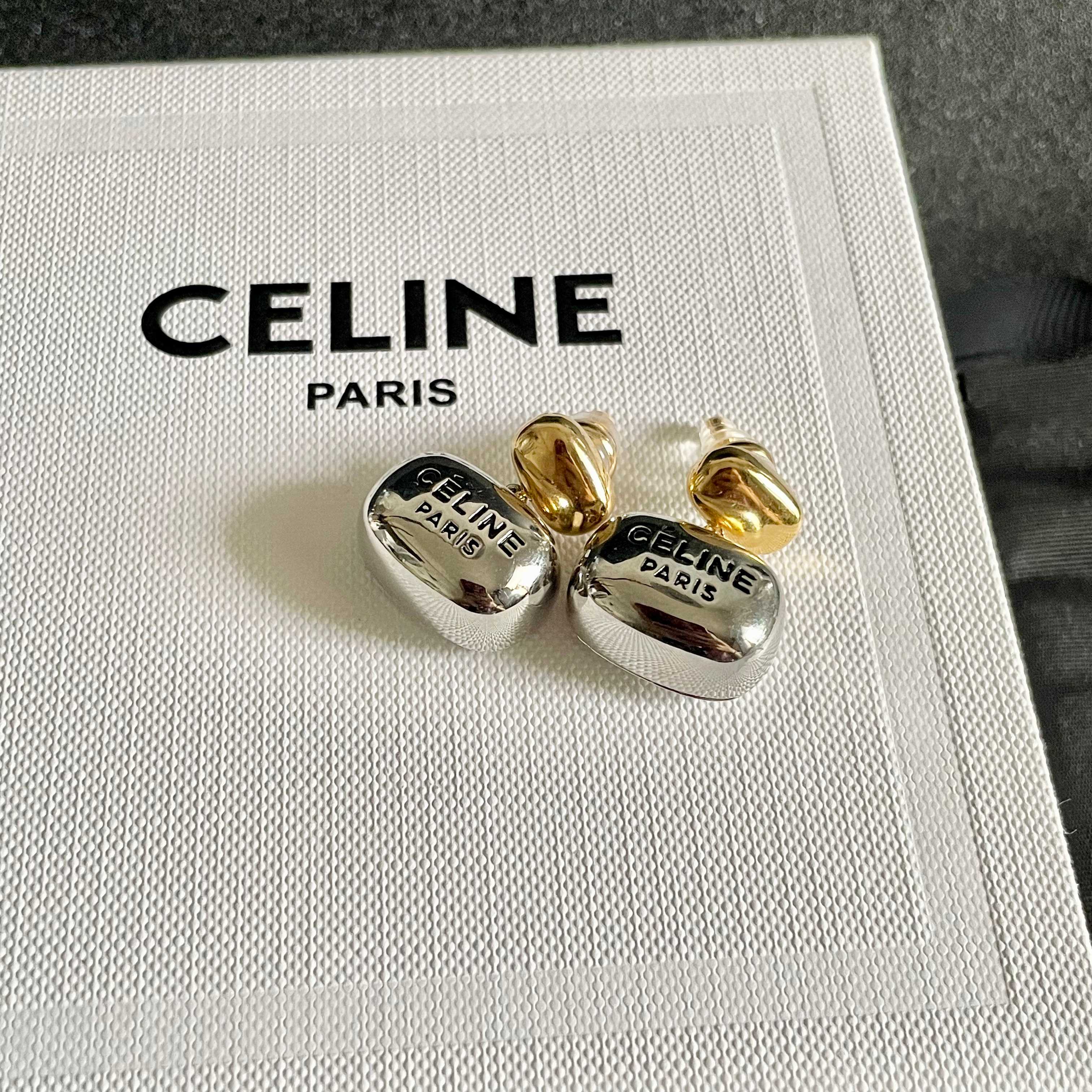 Celine Paris Logo Two-Tone Drop Earrings earrings Two-tone gold and silver metal with black engraved logo One Size drop length approx 1 5cm