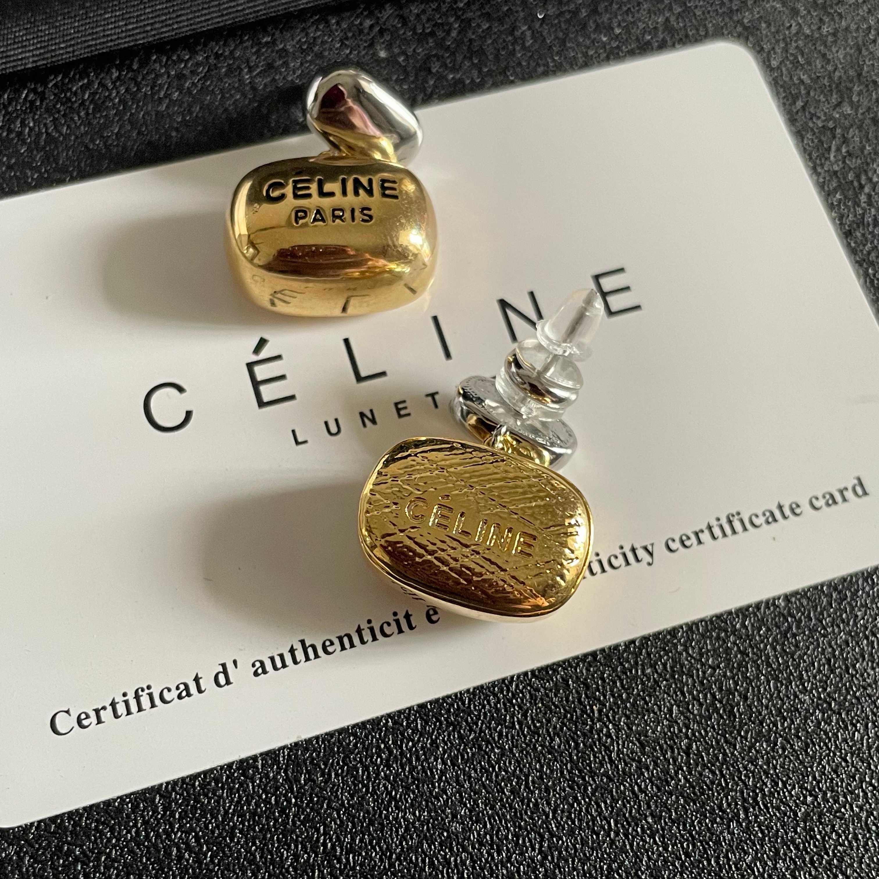 Celine Paris Logo Two-Tone Drop Earrings earrings Two-tone silver and gold metal with black engraved logo One Size 1 5cm drop length