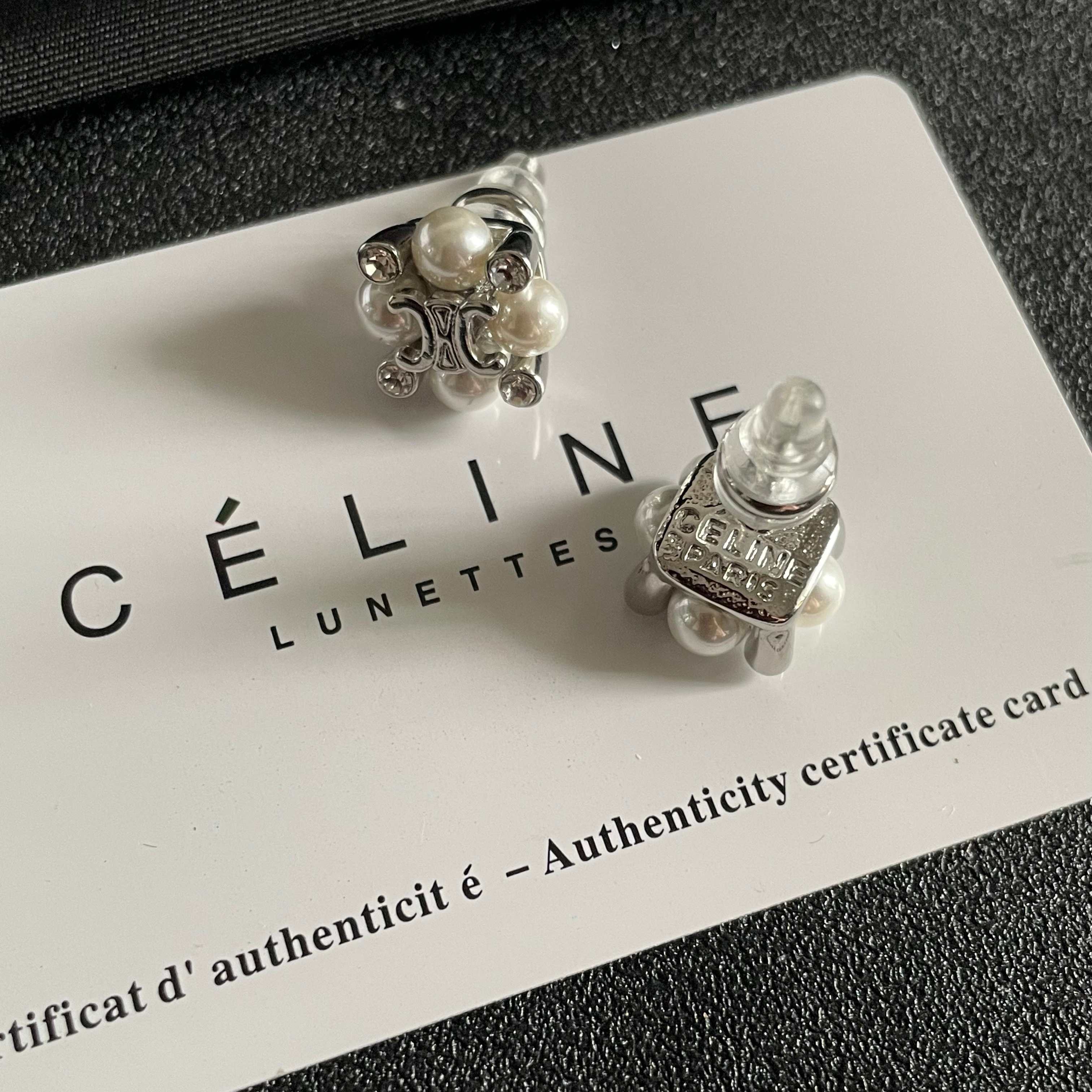 Celine Triomphe Pearl Cluster Stud Earrings earrings silver-toned metal white pearls clear crystal accents 1cm diameter