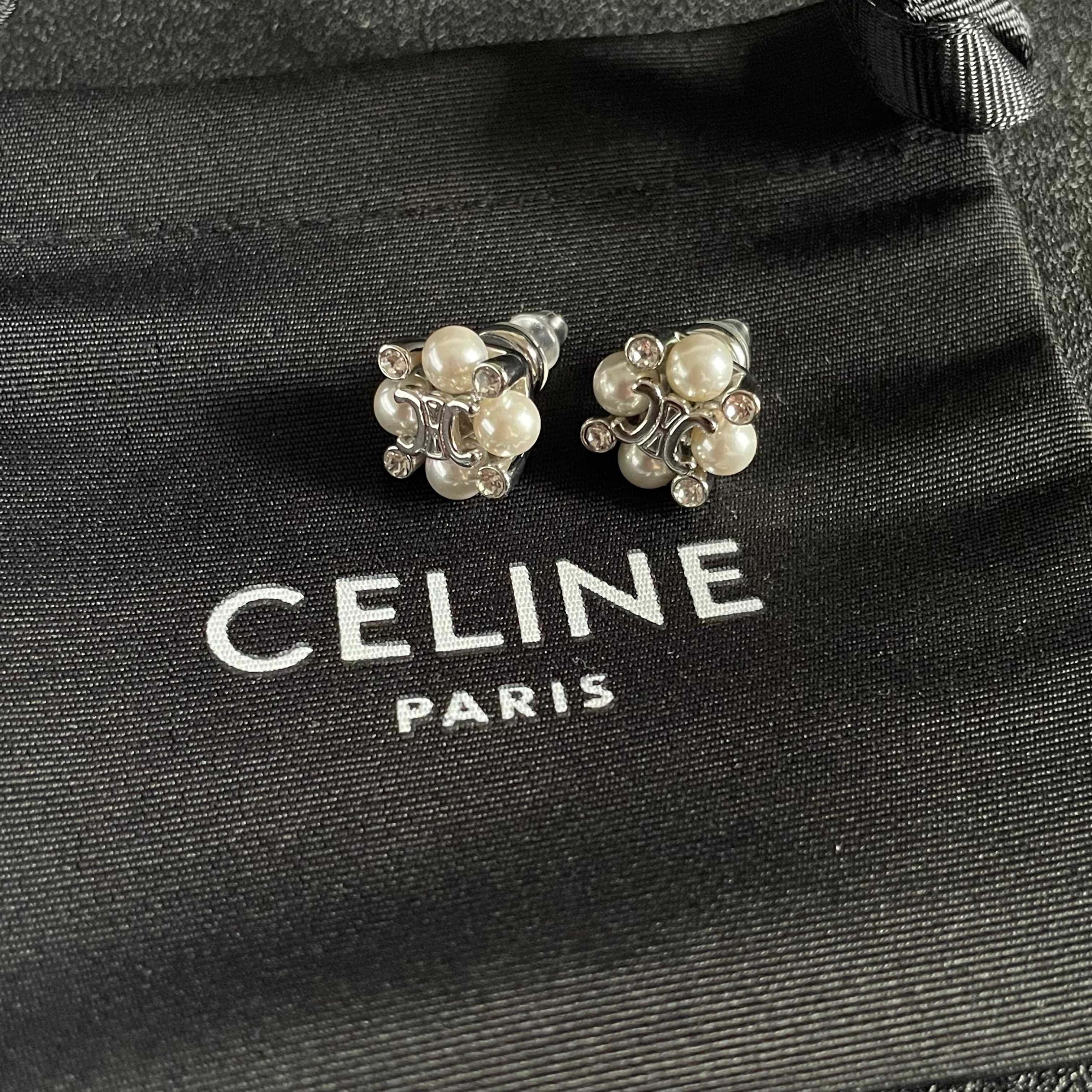 Celine Triomphe Pearl Cluster Stud Earrings earrings silver-toned metal white pearls clear crystal accents 1cm diameter