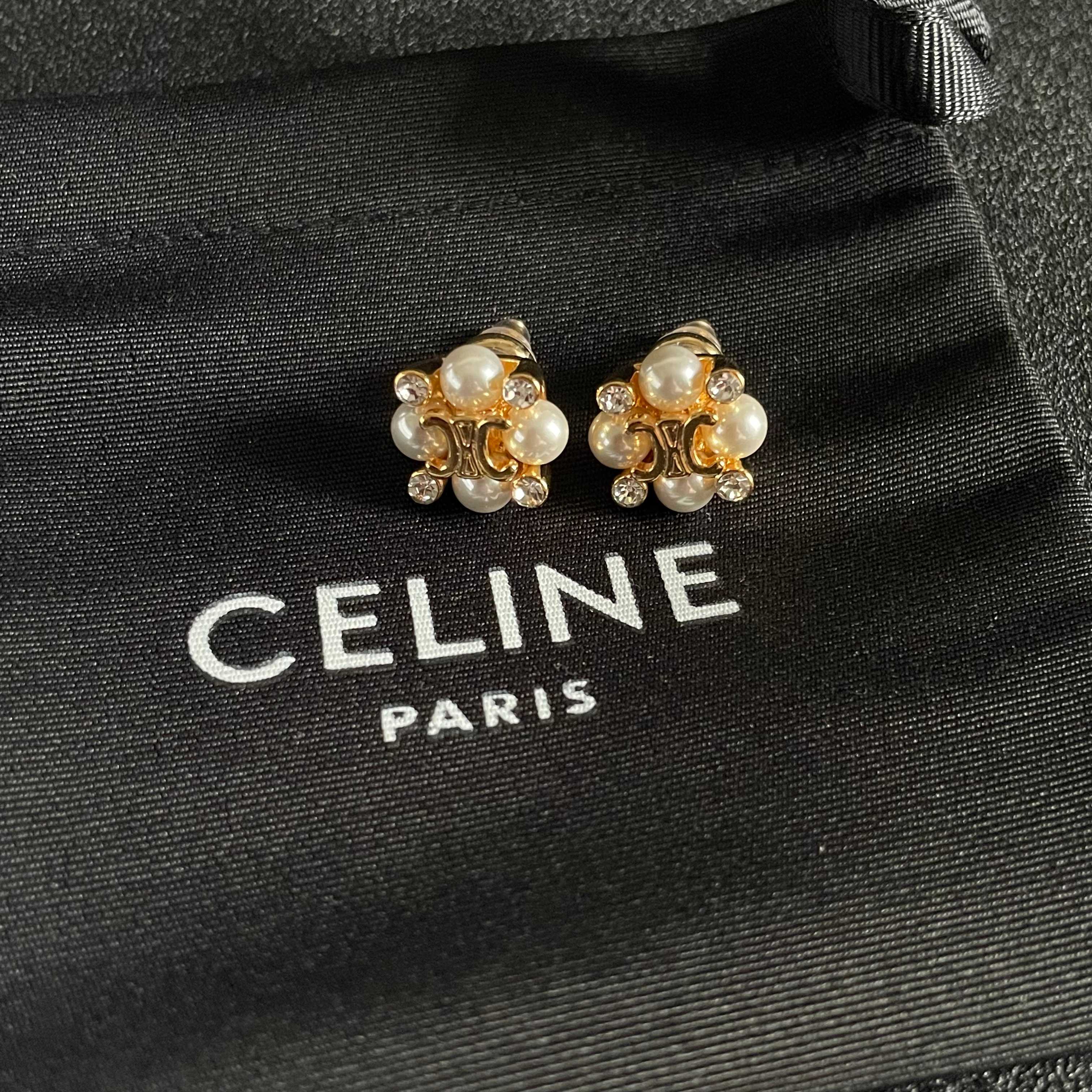 Celine Triomphe Pearl Cluster Stud Earrings earrings Gold-tone metal with cream faux pearls and clear crystal accents 1cm diameter