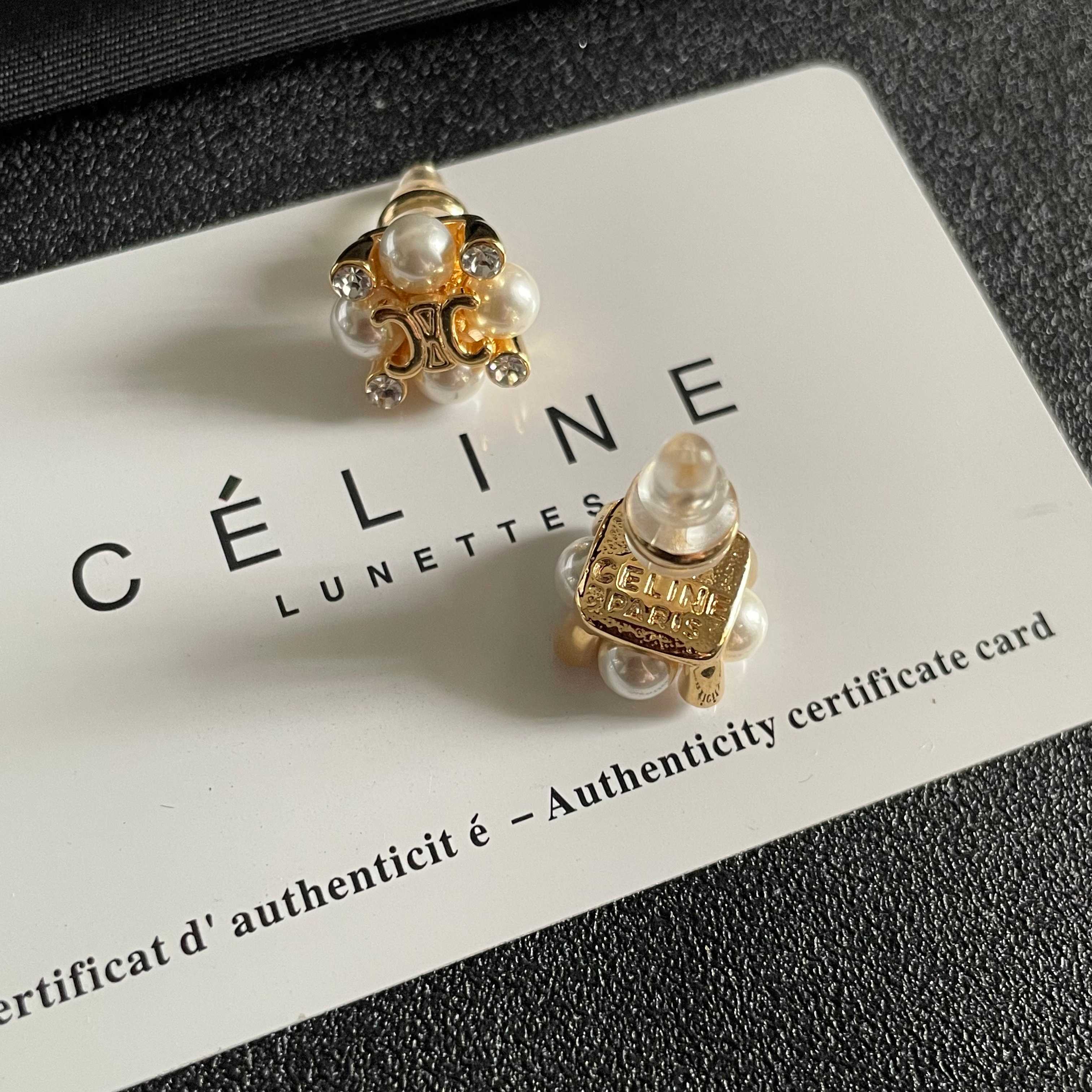 Celine Triomphe Pearl Cluster Stud Earrings earrings Gold-tone metal with cream faux pearls and clear crystal accents 1cm diameter