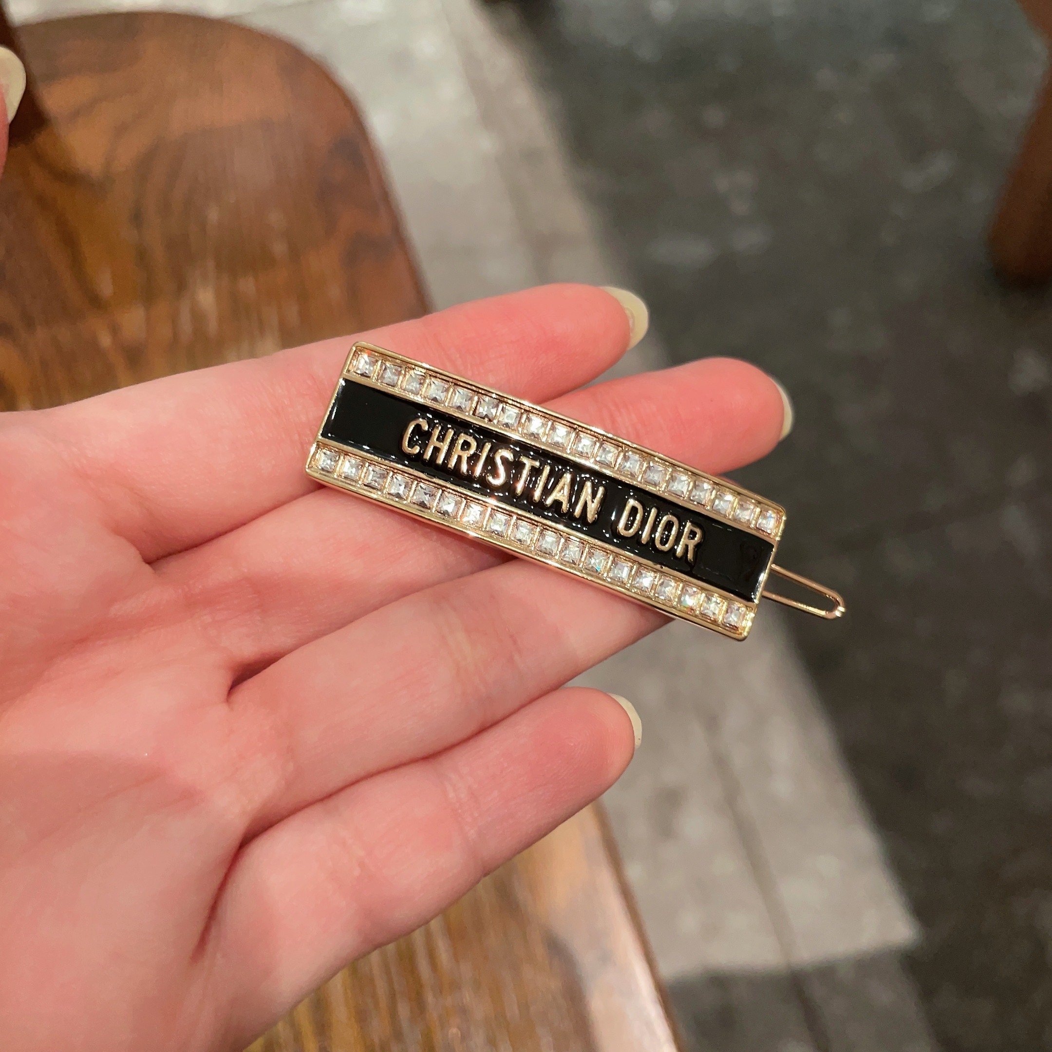 Dior Christian Dior Logo Barrette brooch Gold-tone metal with black enamel and clear crystal accents 5cm