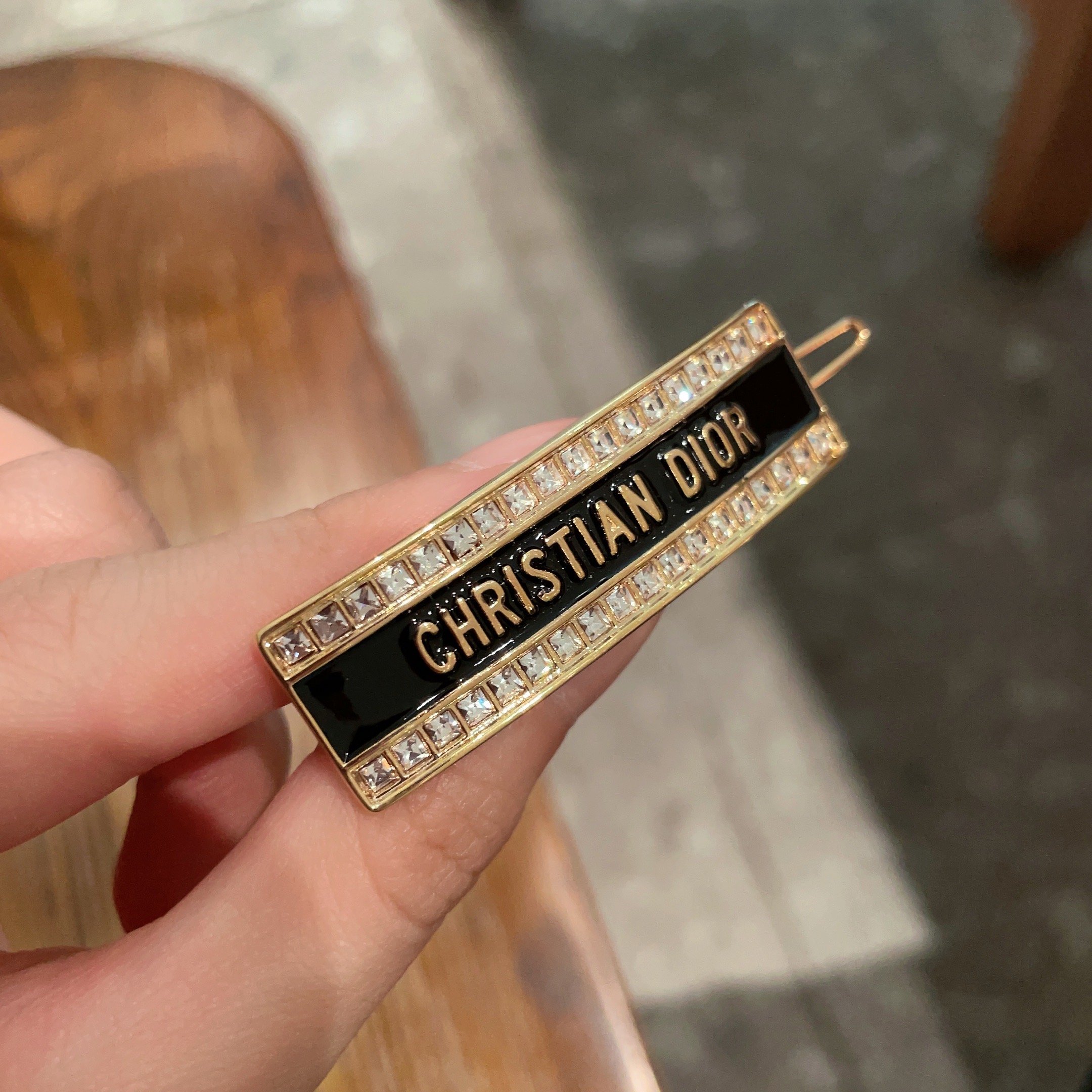 Dior Christian Dior Logo Barrette brooch Gold-tone metal with black enamel and clear crystal accents 5cm