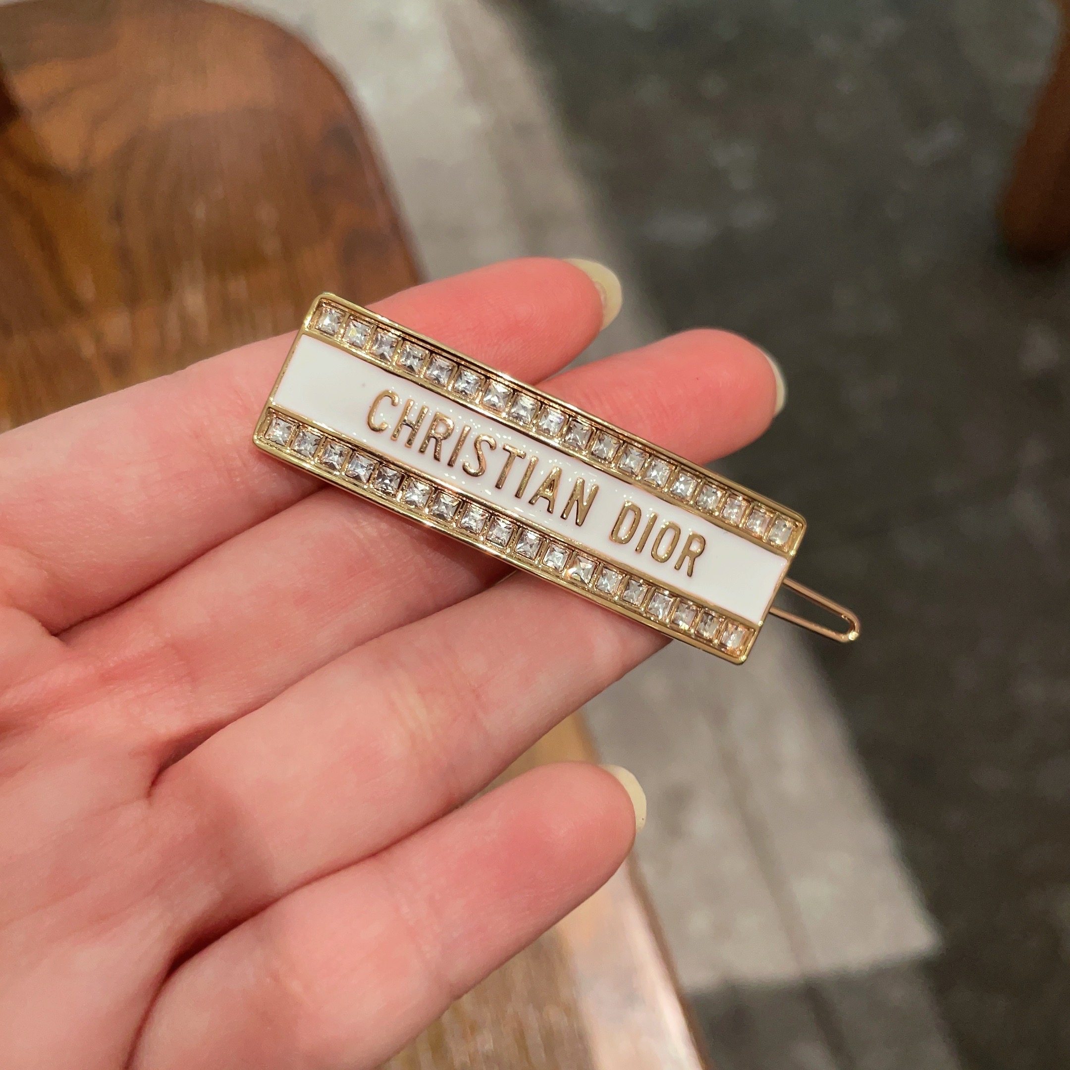 Dior Christian Dior Logo Crystal Hair Clip brooch Gold-tone metal white enamel clear crystal stones 5cm length
