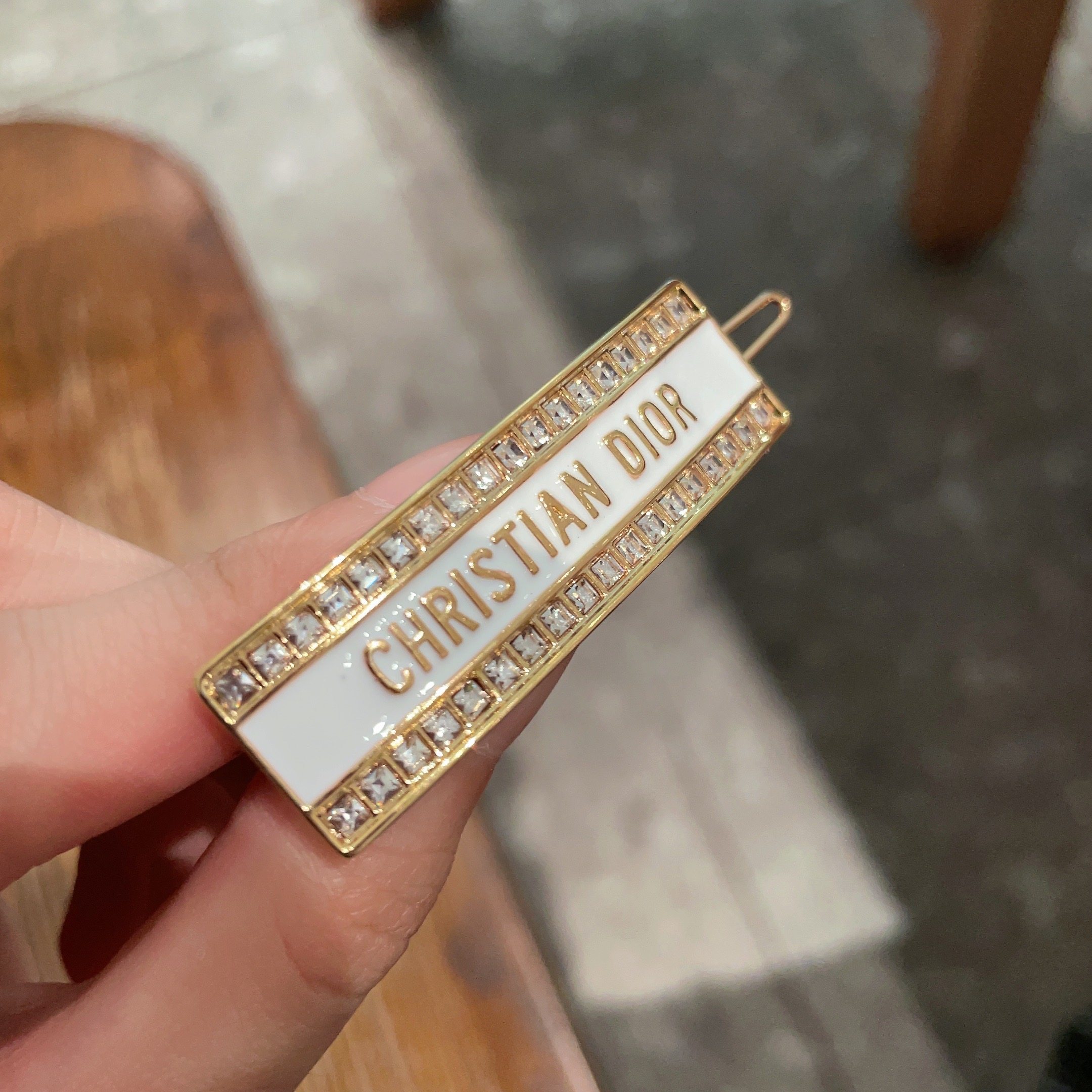 Dior Christian Dior Logo Crystal Hair Clip brooch Gold-tone metal white enamel clear crystal stones 5cm length