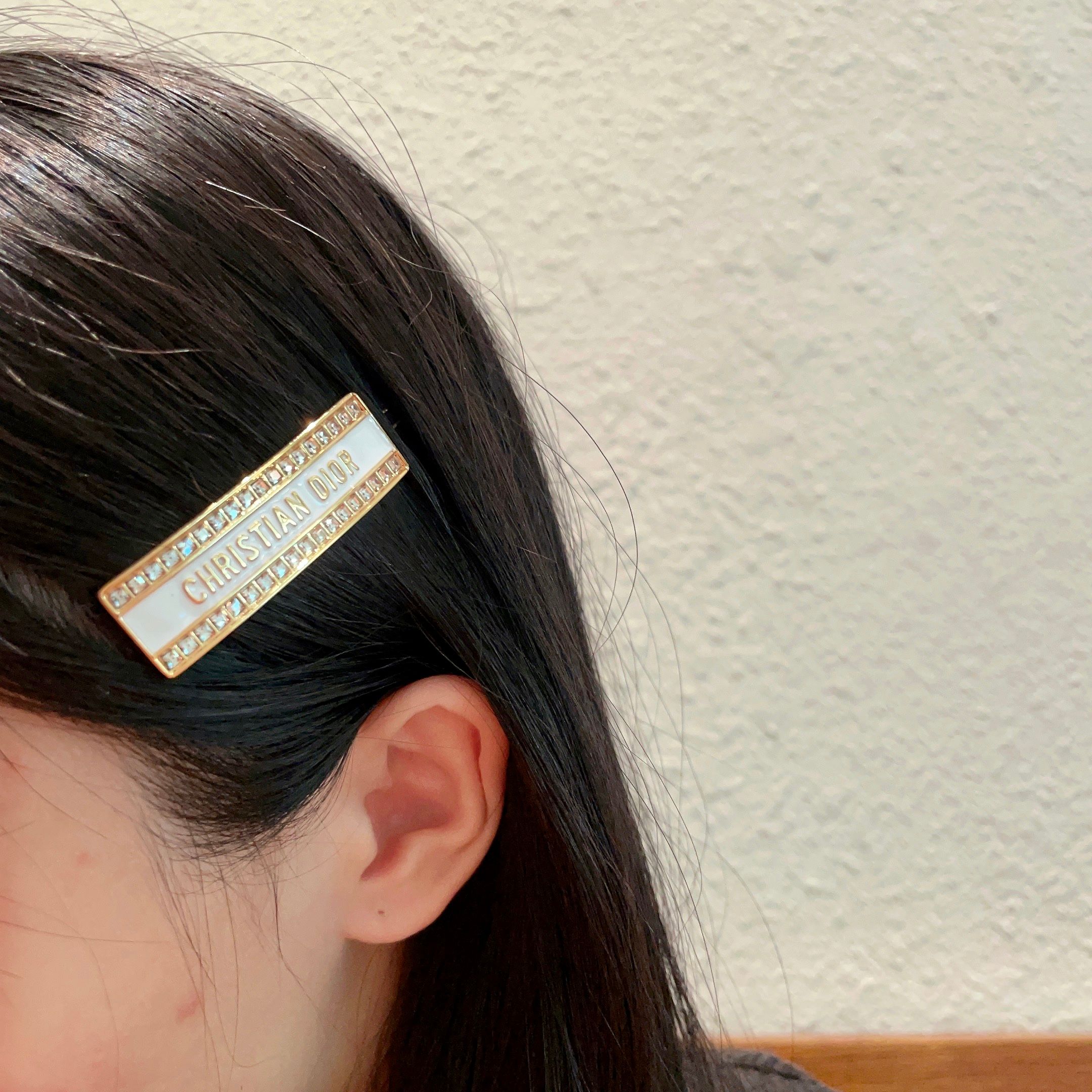 Dior Christian Dior Logo Crystal Hair Clip brooch Gold-tone metal white enamel clear crystal stones 5cm length