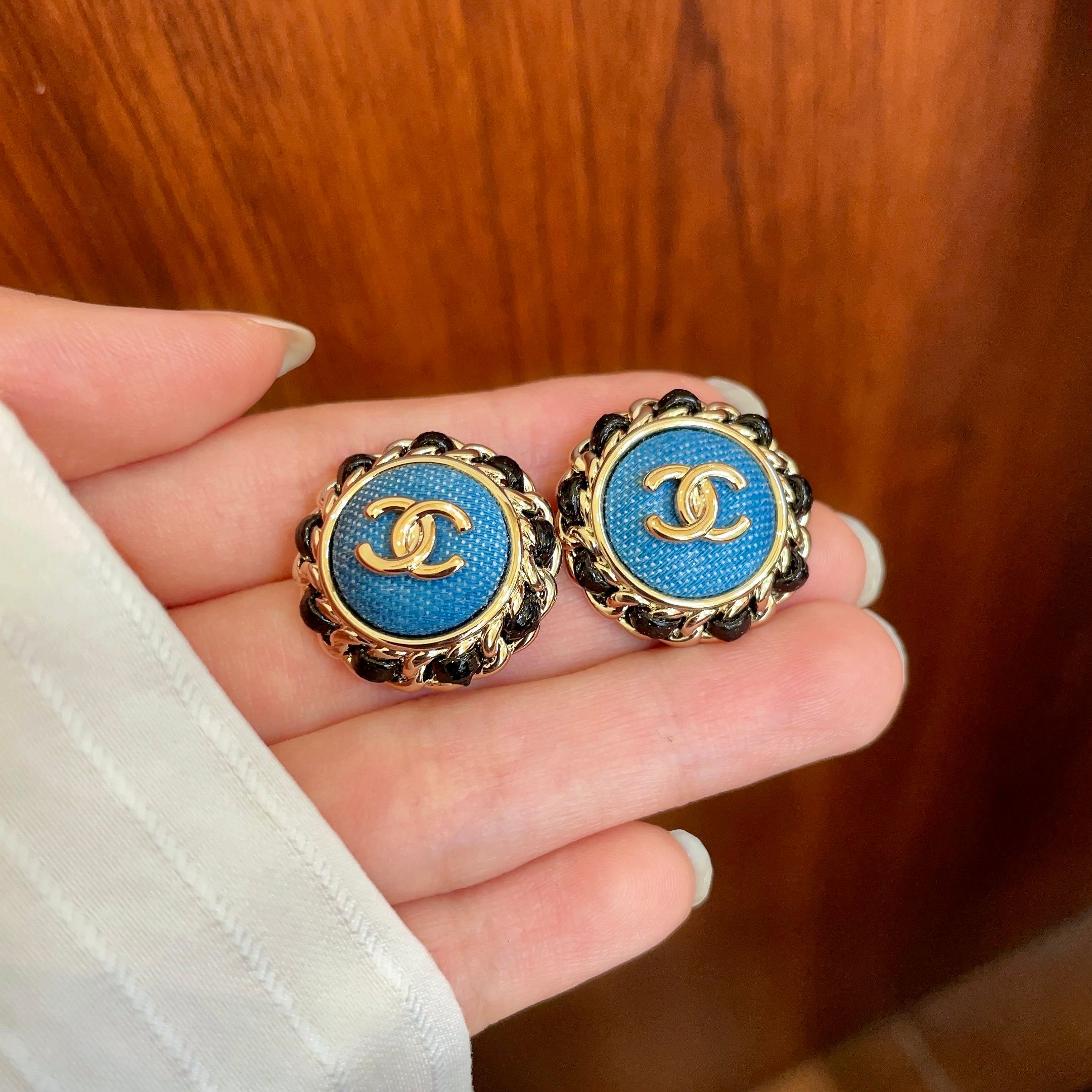 Chanel CC Logo Chain-Trimmed Denim Button Earrings earrings light gold-tone metal blue denim center black leather chain trim 1 8cm diameter
