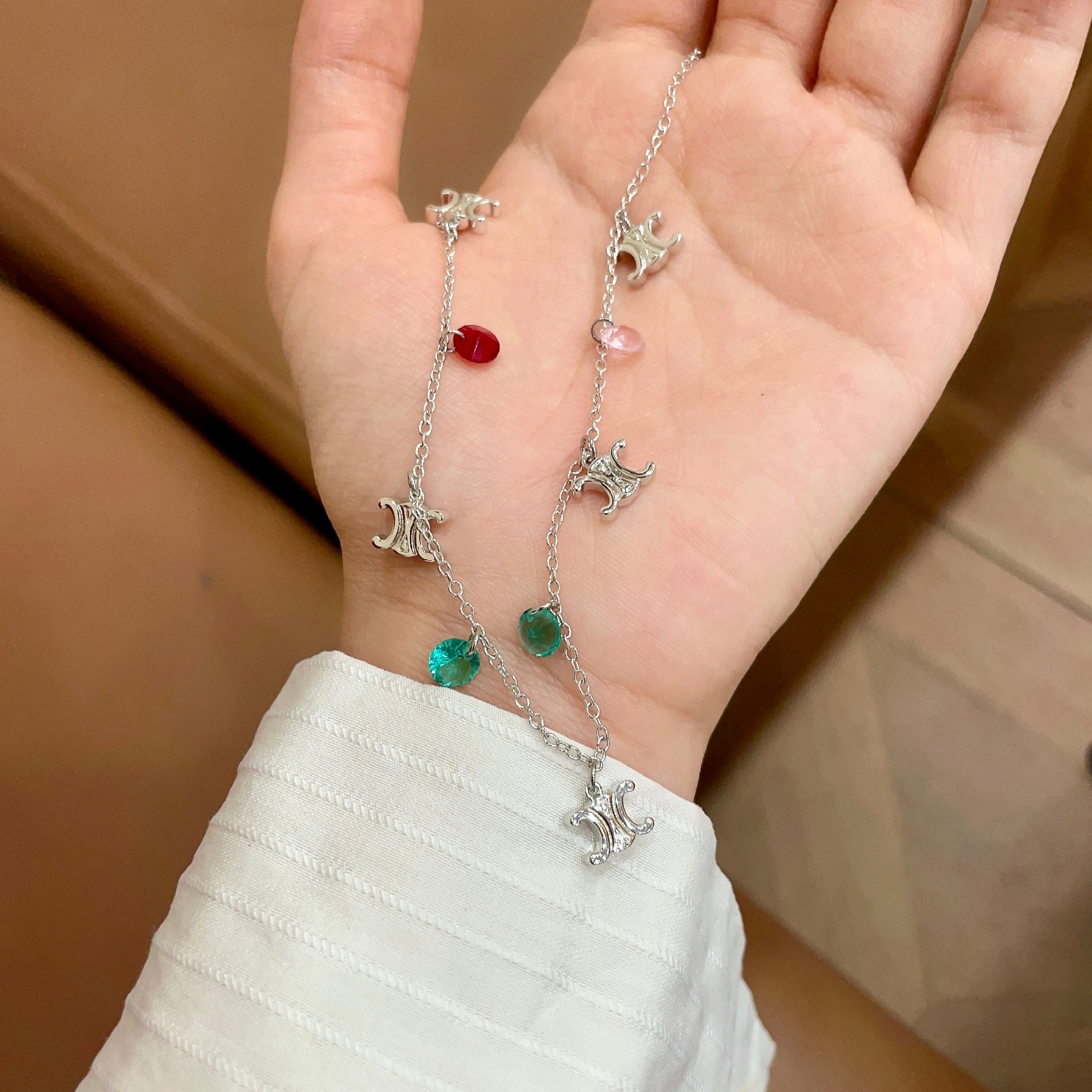 Celine Triomphe Multi-Color Crystal Charm Necklace necklace Silver-toned metal with red pink teal and green faceted crystal charms 40cm with 5cm extender