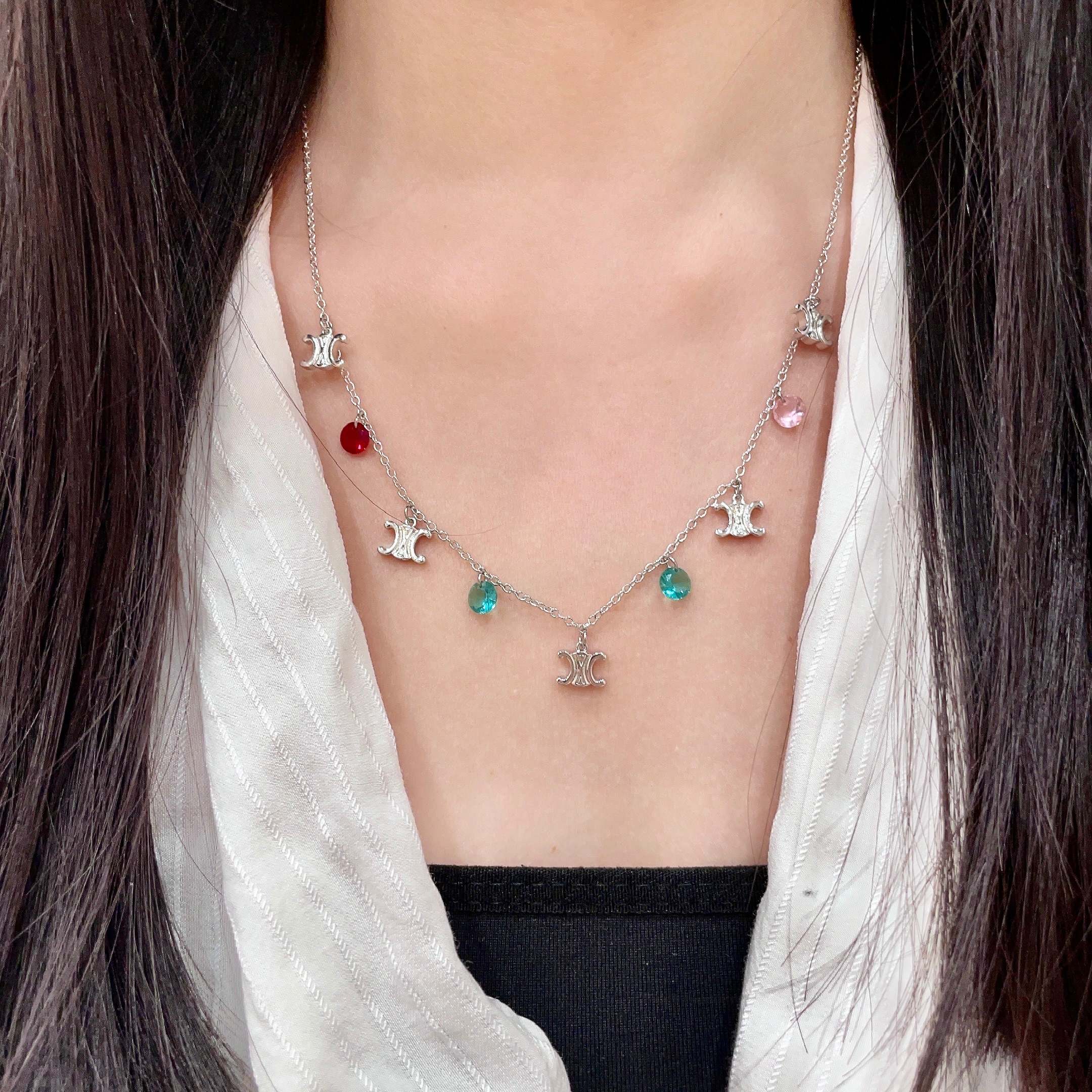 Celine Triomphe Multi-Color Crystal Charm Necklace necklace Silver-toned metal with red pink teal and green faceted crystal charms 40cm with 5cm extender