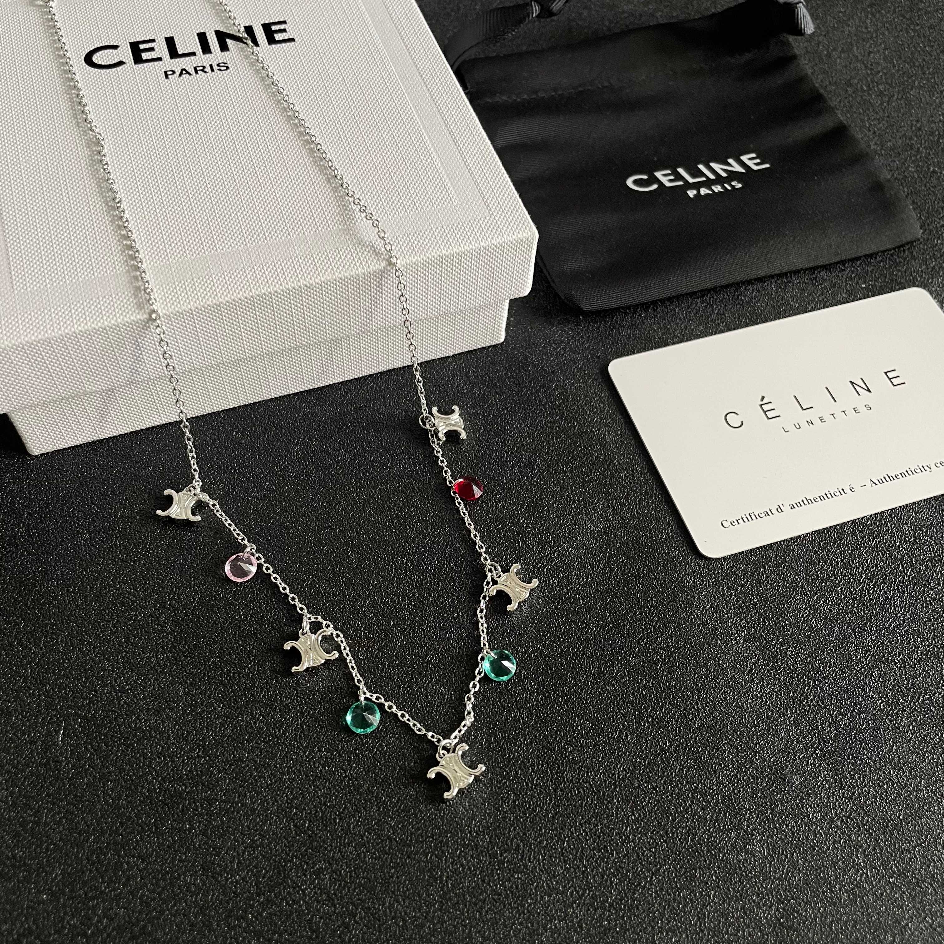 Celine Triomphe Multi-Color Crystal Charm Necklace necklace Silver-toned metal with red pink teal and green faceted crystal charms 40cm with 5cm extender
