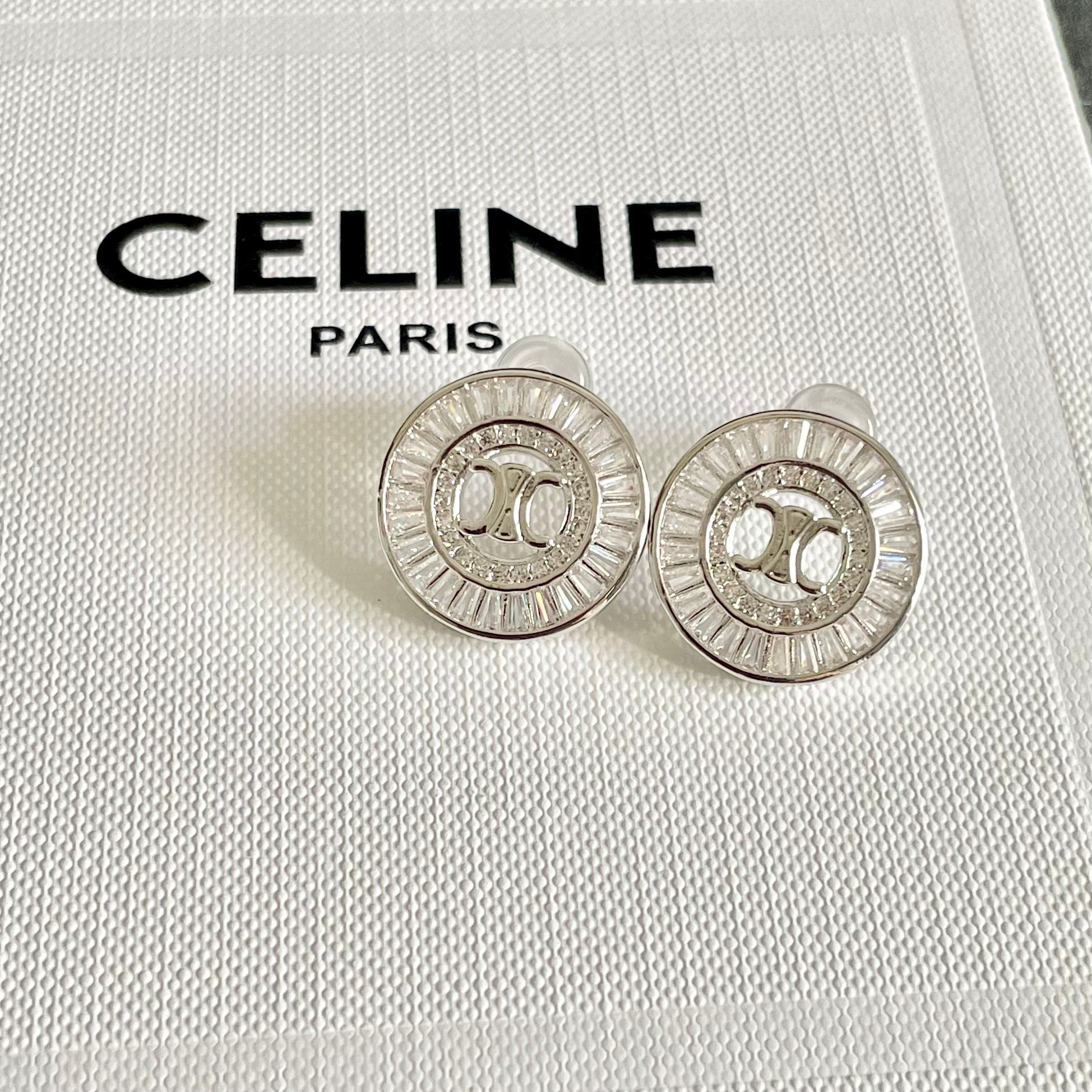 Celine Triomphe Baguette Crystal Stud Earrings earrings Two variants gold-tone metal with clear baguette-cut crystals silver-tone metal with clear baguette-cut crystals 1 5cm diameter