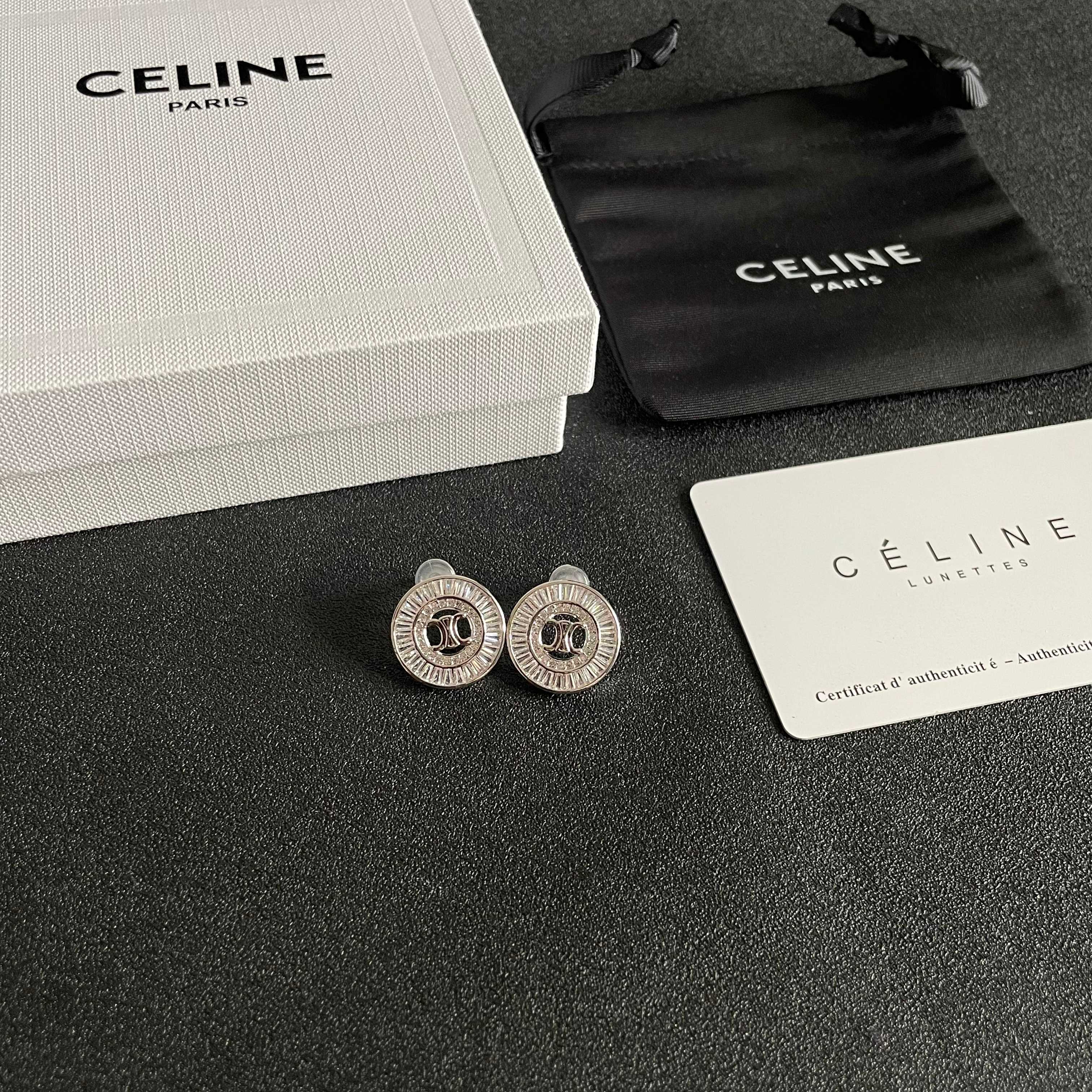 Celine Triomphe Baguette Crystal Stud Earrings earrings Two variants gold-tone metal with clear baguette-cut crystals silver-tone metal with clear baguette-cut crystals 1 5cm diameter