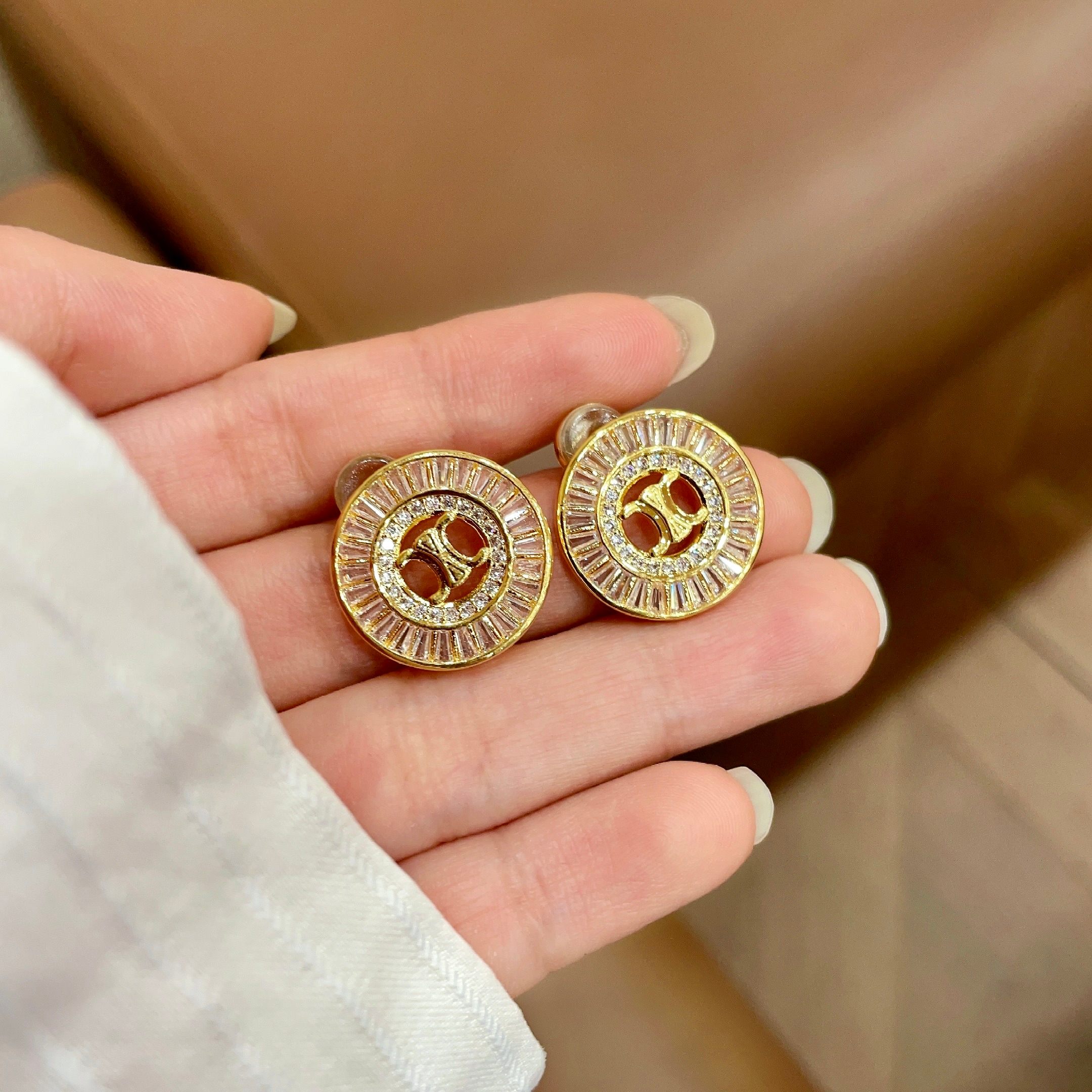 Celine Triomphe Crystal Stud Earrings earrings gold-tone metal with clear baguette-cut crystals 1 5cm diameter