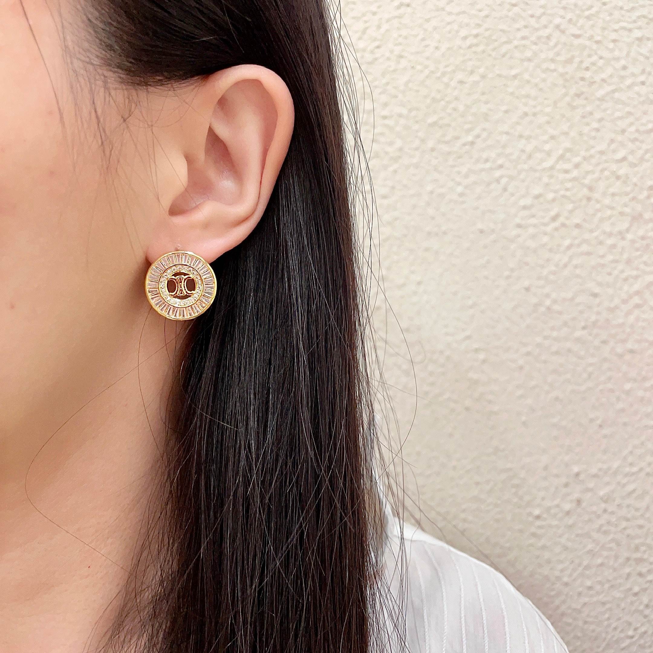 Celine Triomphe Crystal Stud Earrings earrings gold-tone metal with clear baguette-cut crystals 1 5cm diameter