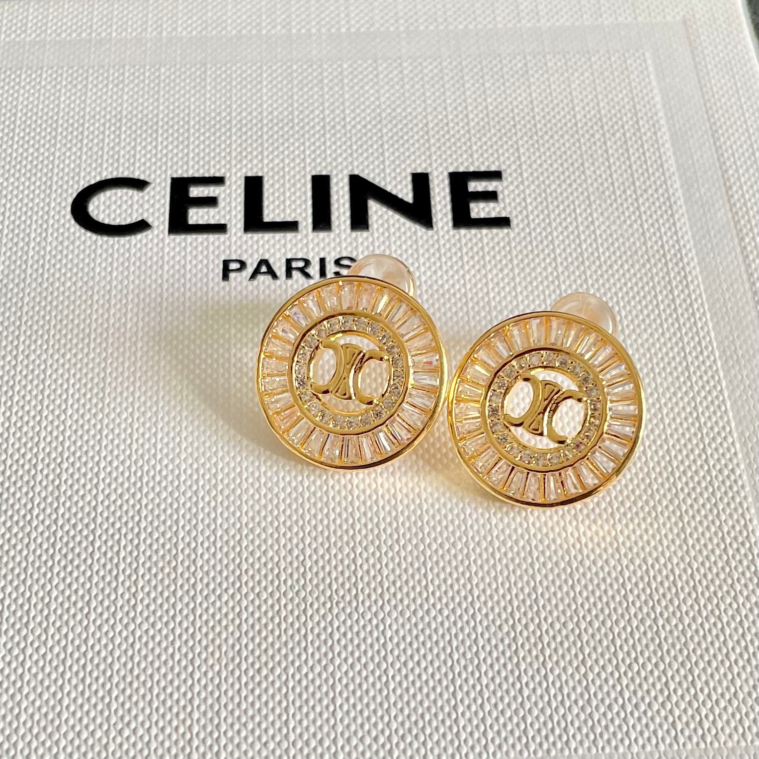 Celine Triomphe Crystal Stud Earrings earrings gold-tone metal with clear baguette-cut crystals 1 5cm diameter