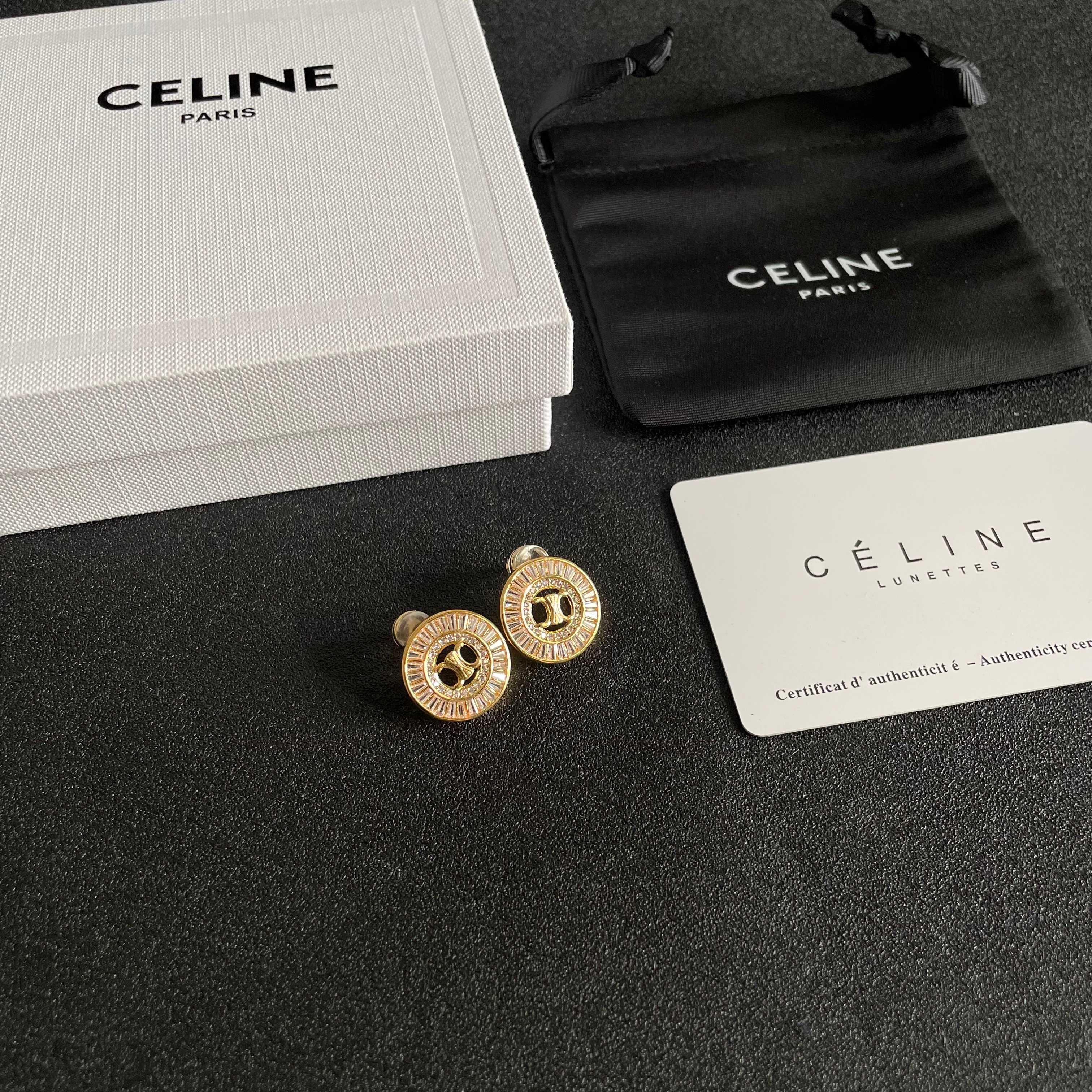 Celine Triomphe Crystal Stud Earrings earrings gold-tone metal with clear baguette-cut crystals 1 5cm diameter
