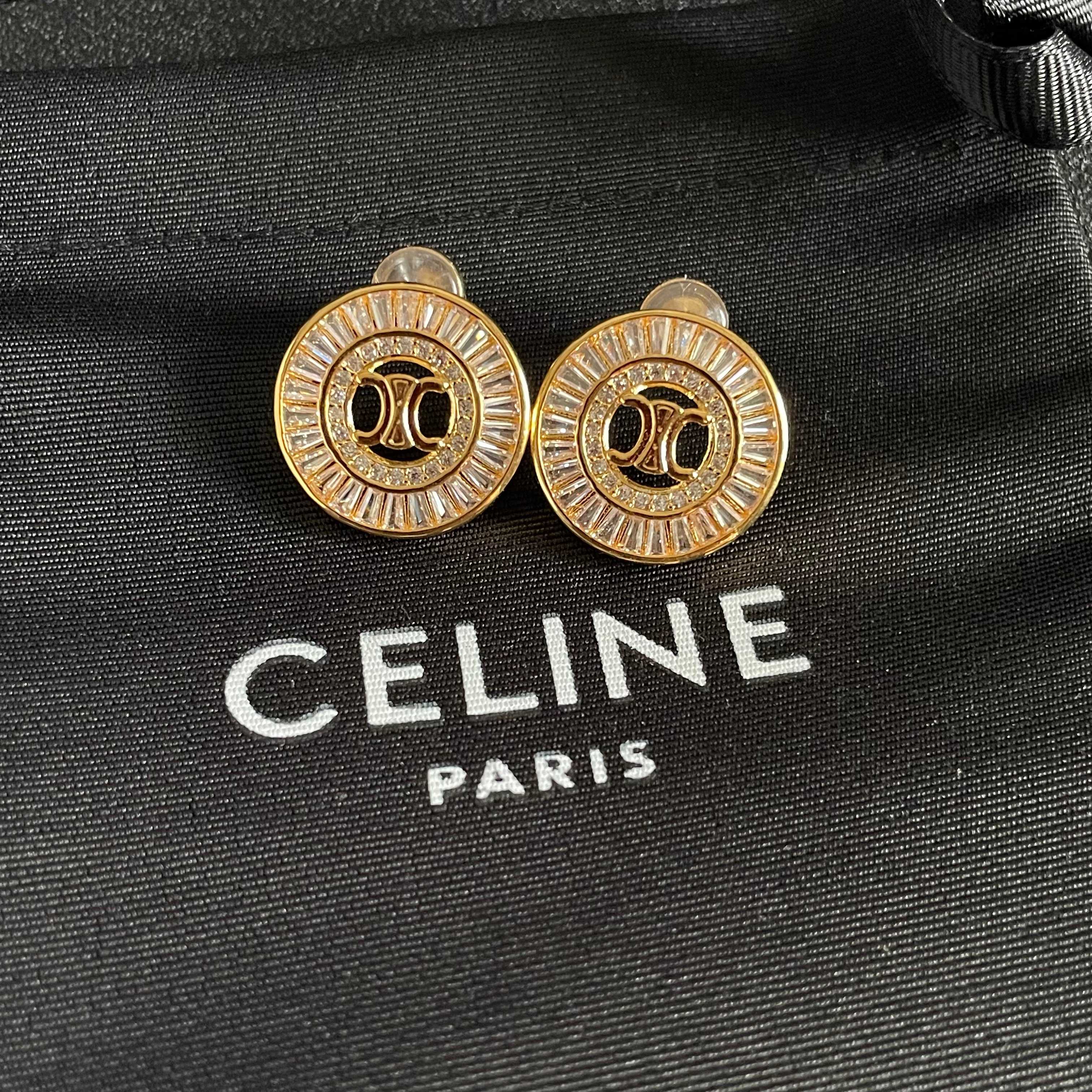 Celine Triomphe Crystal Stud Earrings earrings gold-tone metal with clear baguette-cut crystals 1 5cm diameter