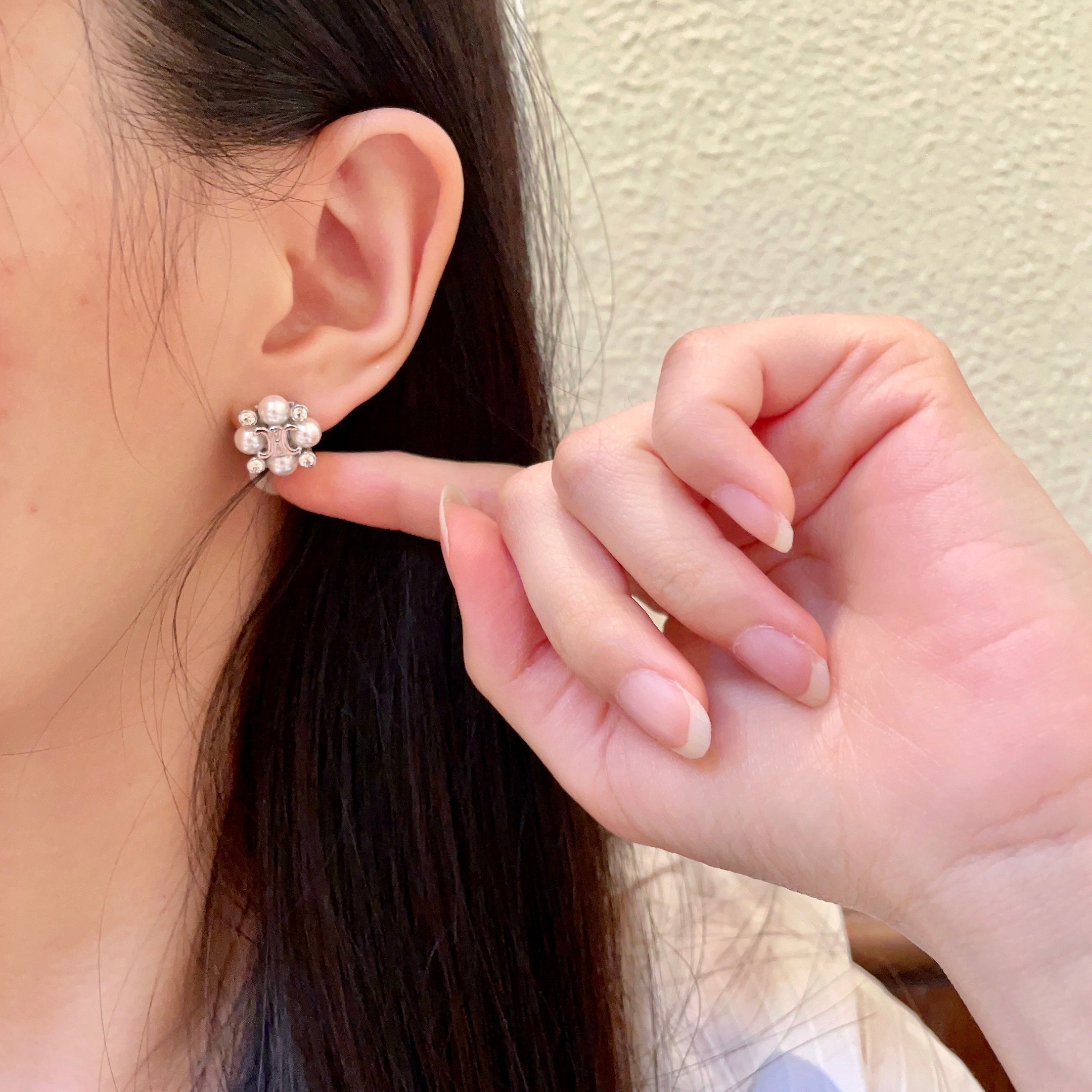 Celine Triomphe Pearl Cluster Stud Earrings earrings silver-toned metal white pearls clear crystals 1cm diameter