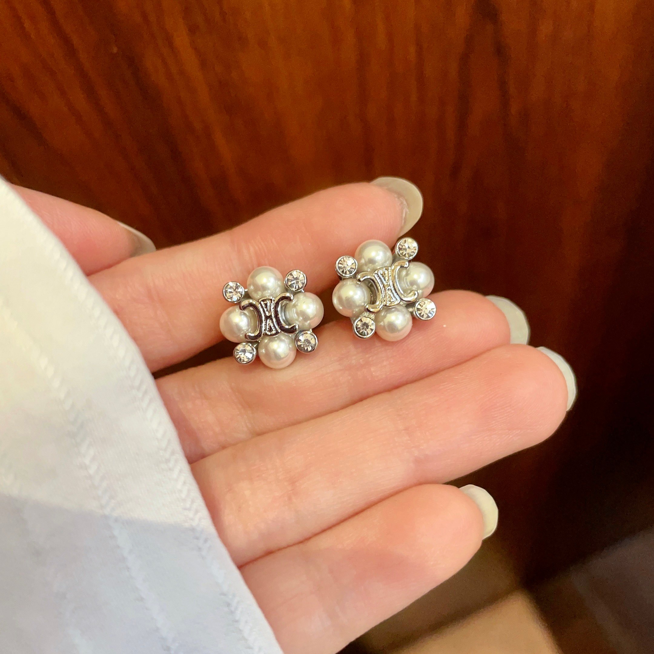 Celine Triomphe Pearl Cluster Stud Earrings earrings silver-toned metal white pearls clear crystals 1cm diameter