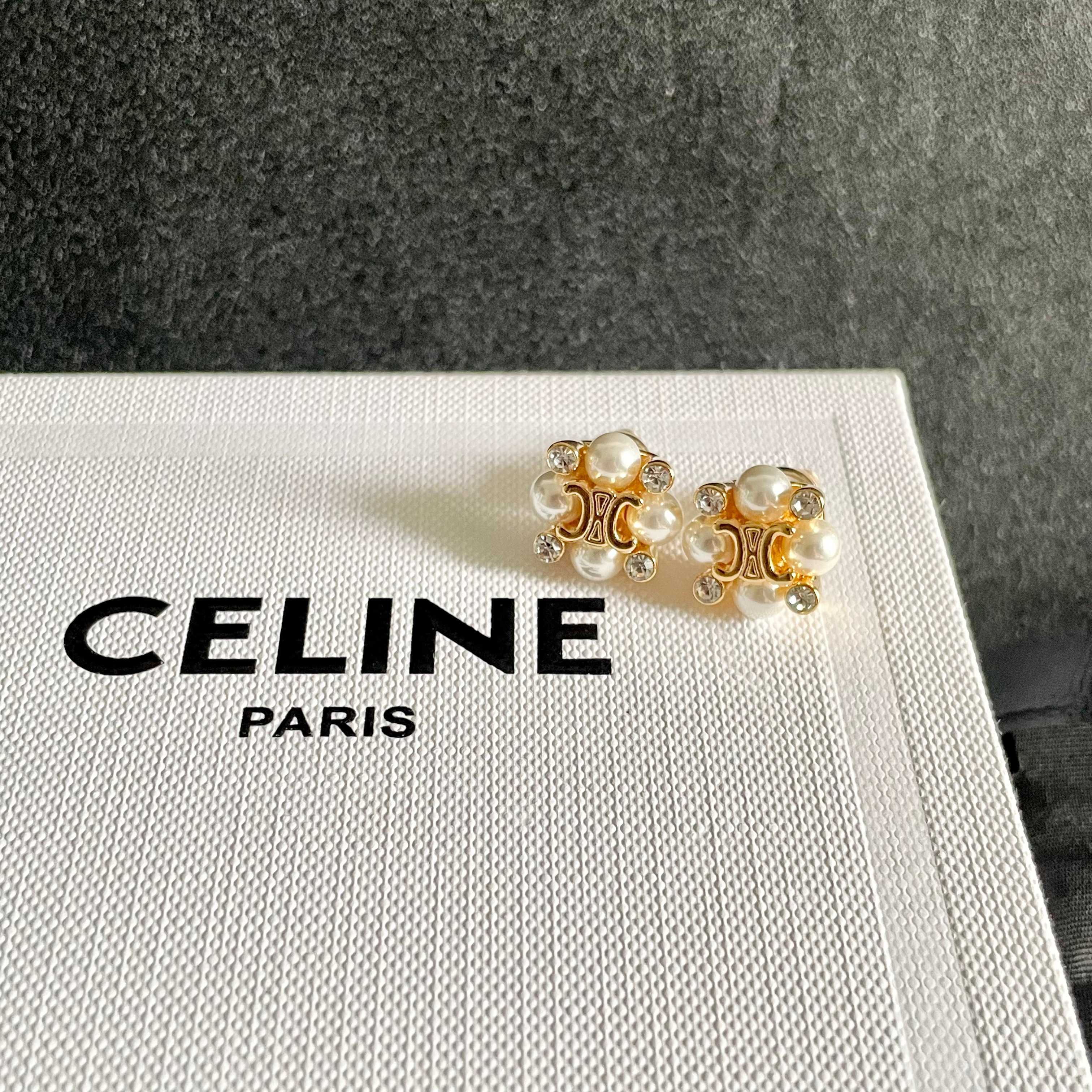 Celine Triomphe Pearl Cluster Stud Earrings earrings gold-tone metal with cream white pearls and clear crystal accents 1cm diameter