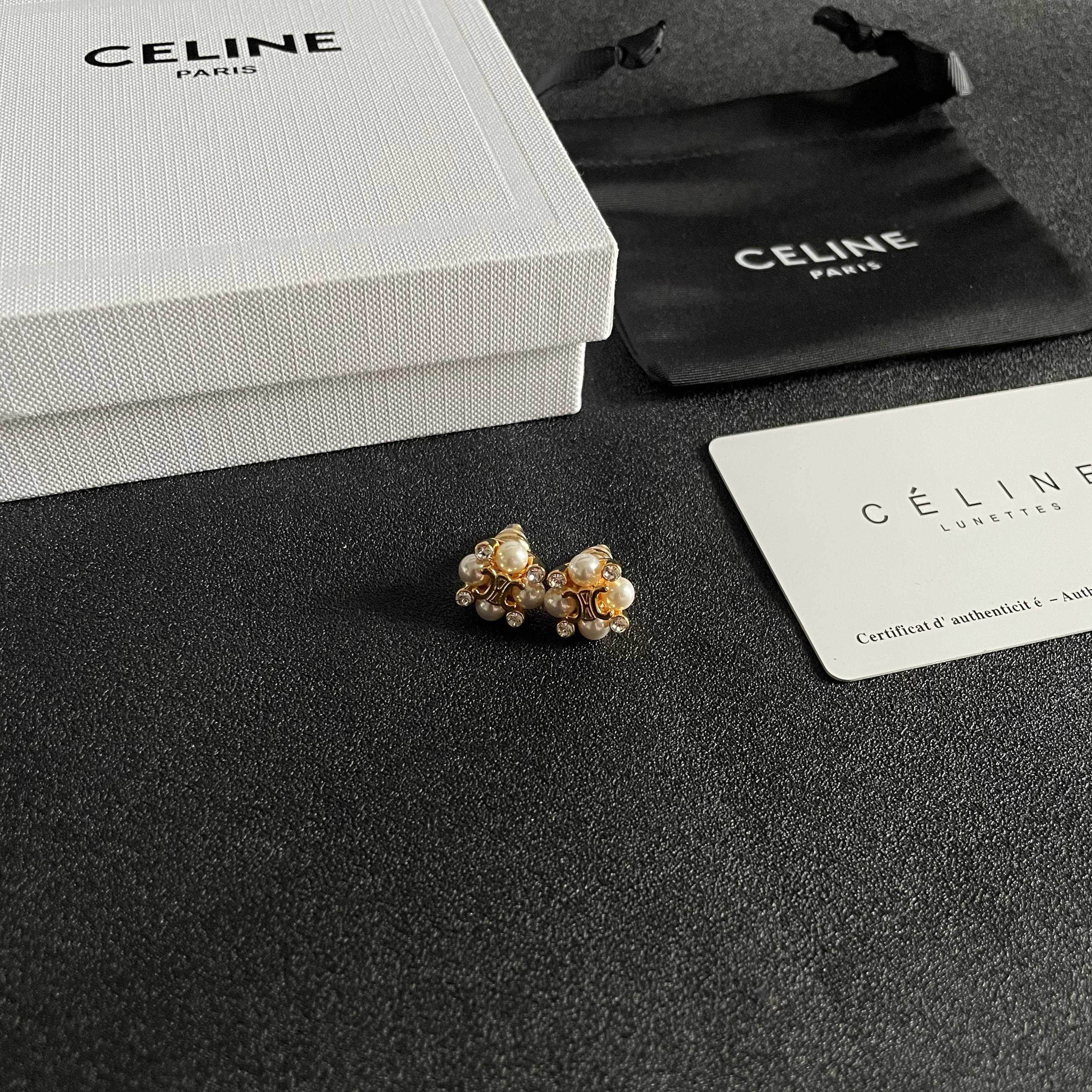 Celine Triomphe Pearl Cluster Stud Earrings earrings gold-tone metal with cream white pearls and clear crystal accents 1cm diameter