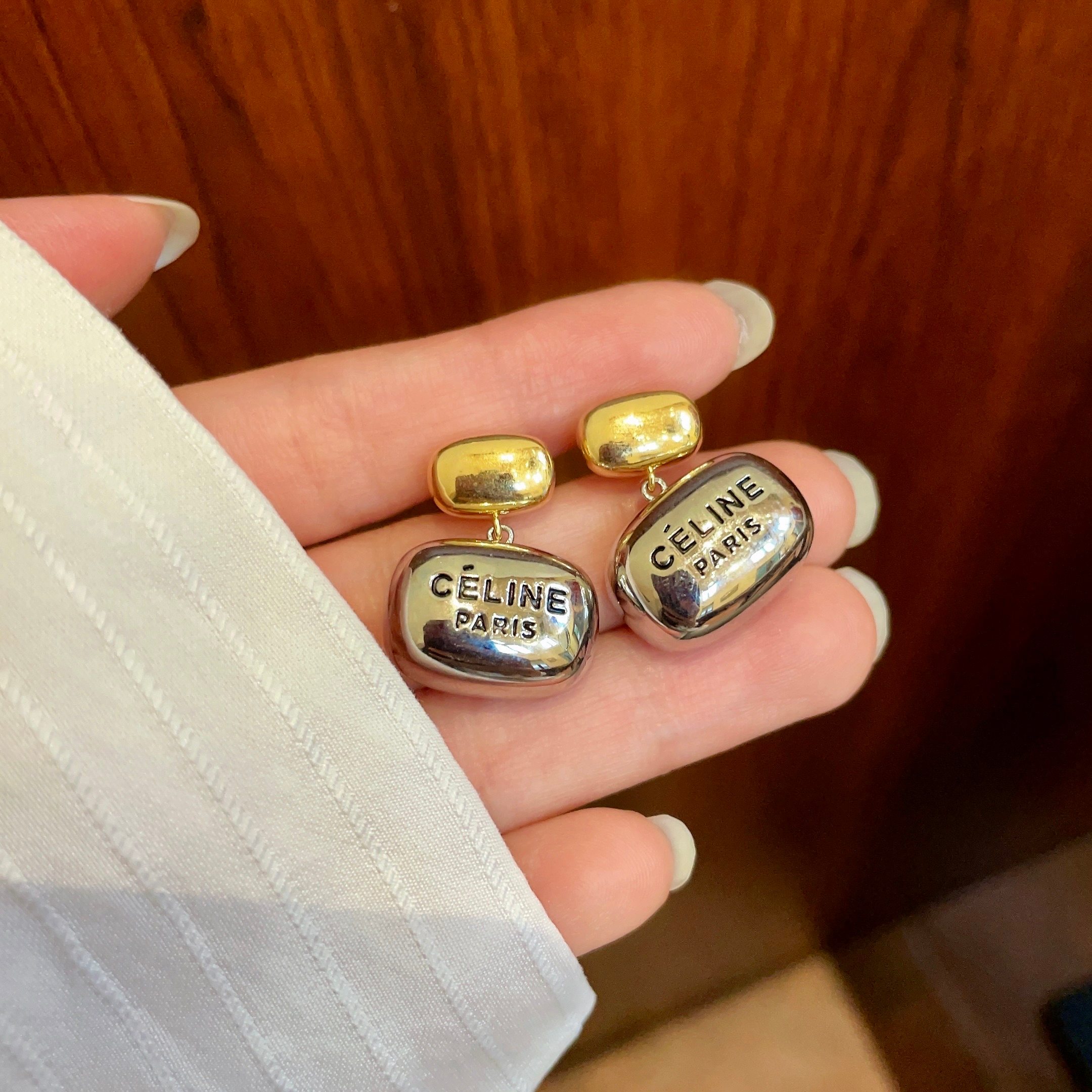 Celine Paris Logo Two-Tone Drop Earrings earrings gold-tone metal top silver-tone metal drop with black engraved logo 1 5cm drop length