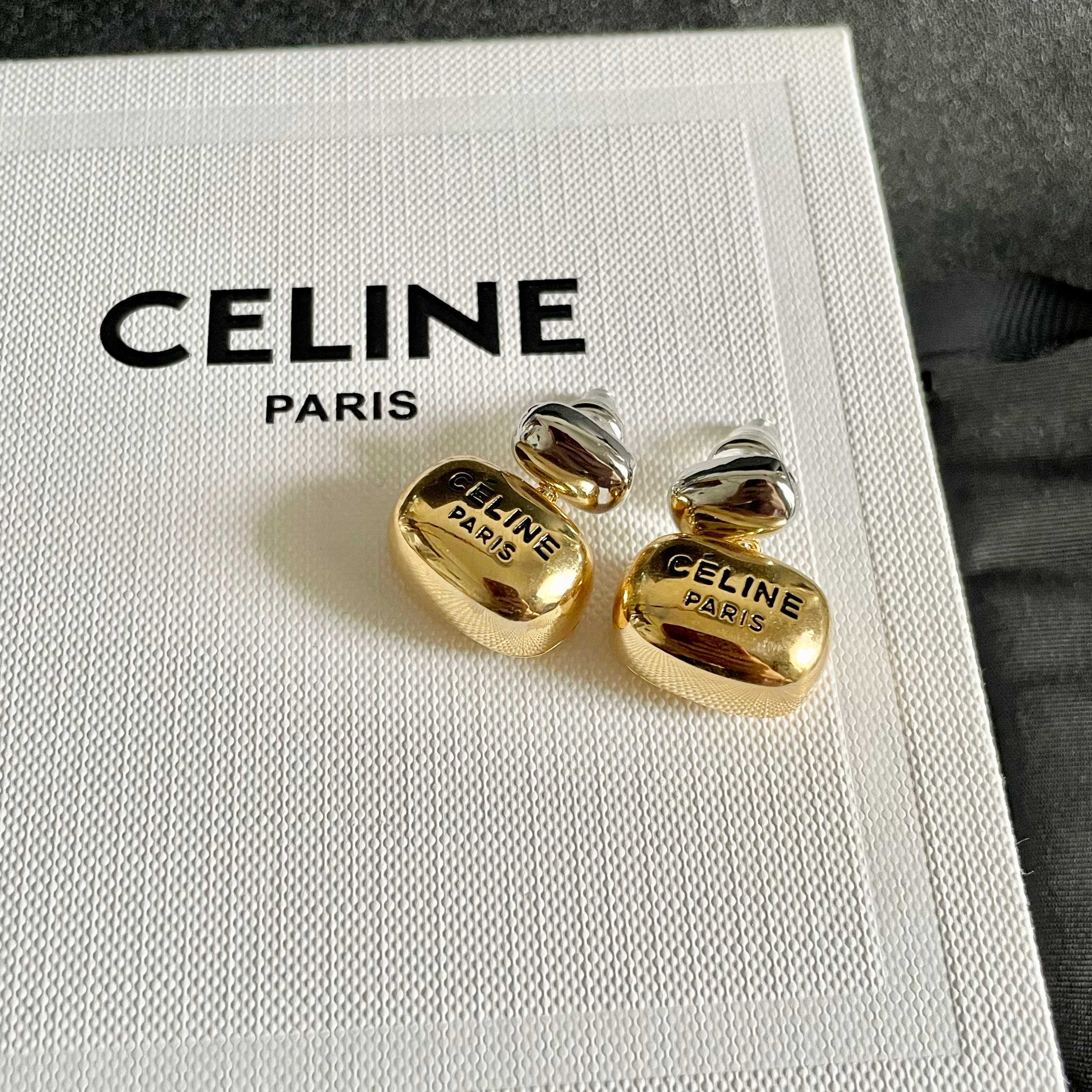 Celine Paris Logo Two-Tone Drop Earrings earrings Two-tone silver and gold metal with black engraved logo 1 5cm drop length