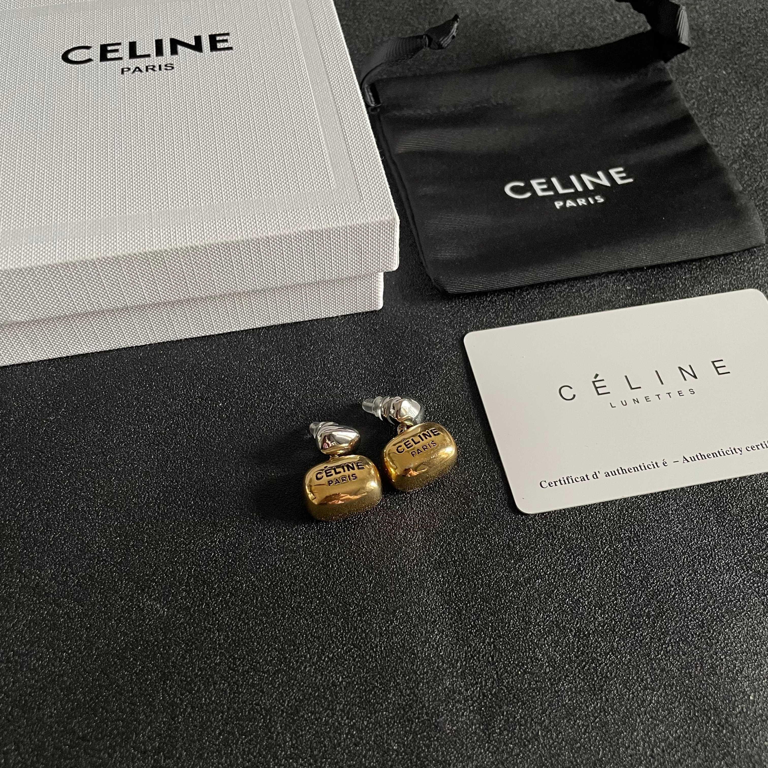 Celine Paris Logo Two-Tone Drop Earrings earrings Two-tone silver and gold metal with black engraved logo 1 5cm drop length