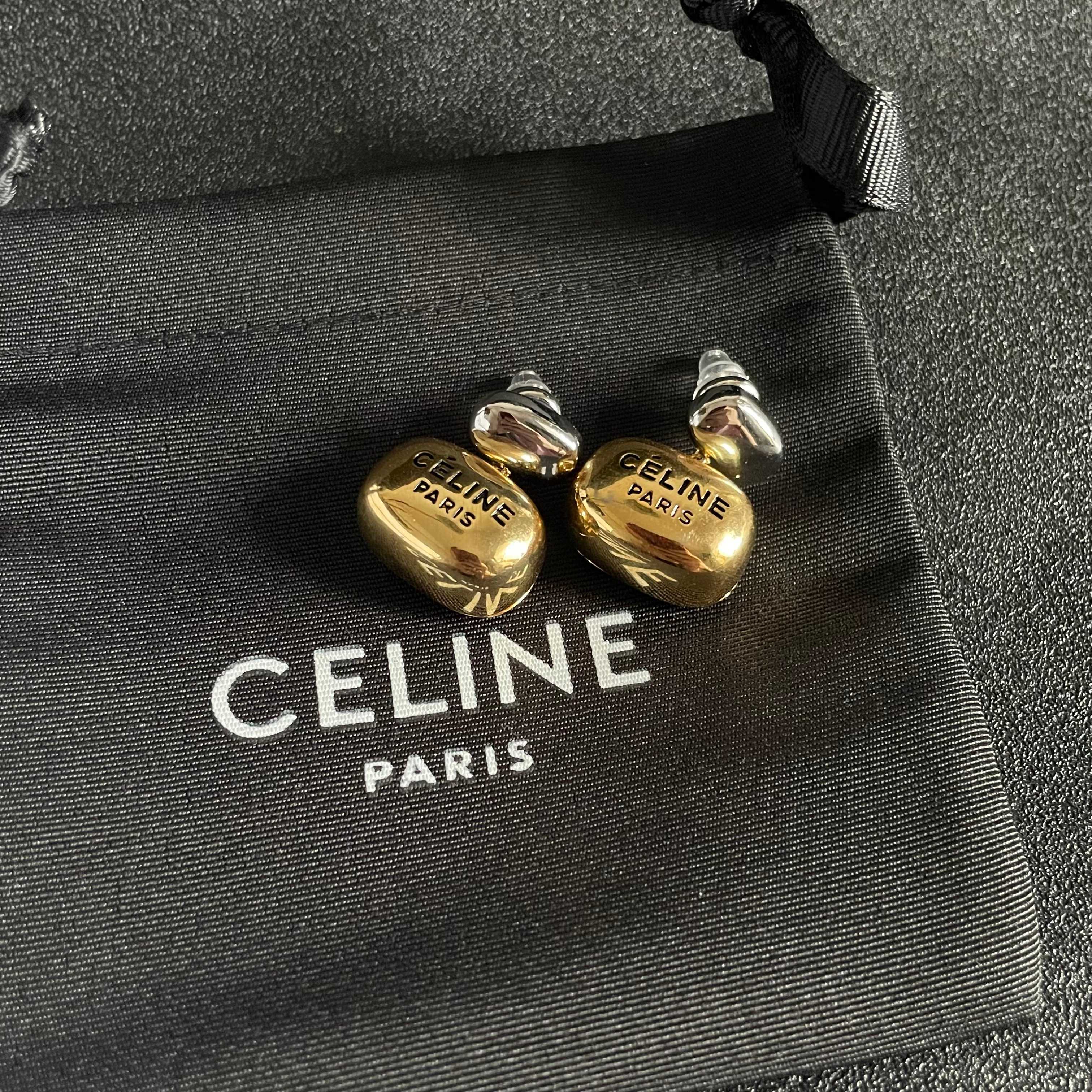 Celine Paris Logo Two-Tone Drop Earrings earrings Two-tone silver and gold metal with black engraved logo 1 5cm drop length
