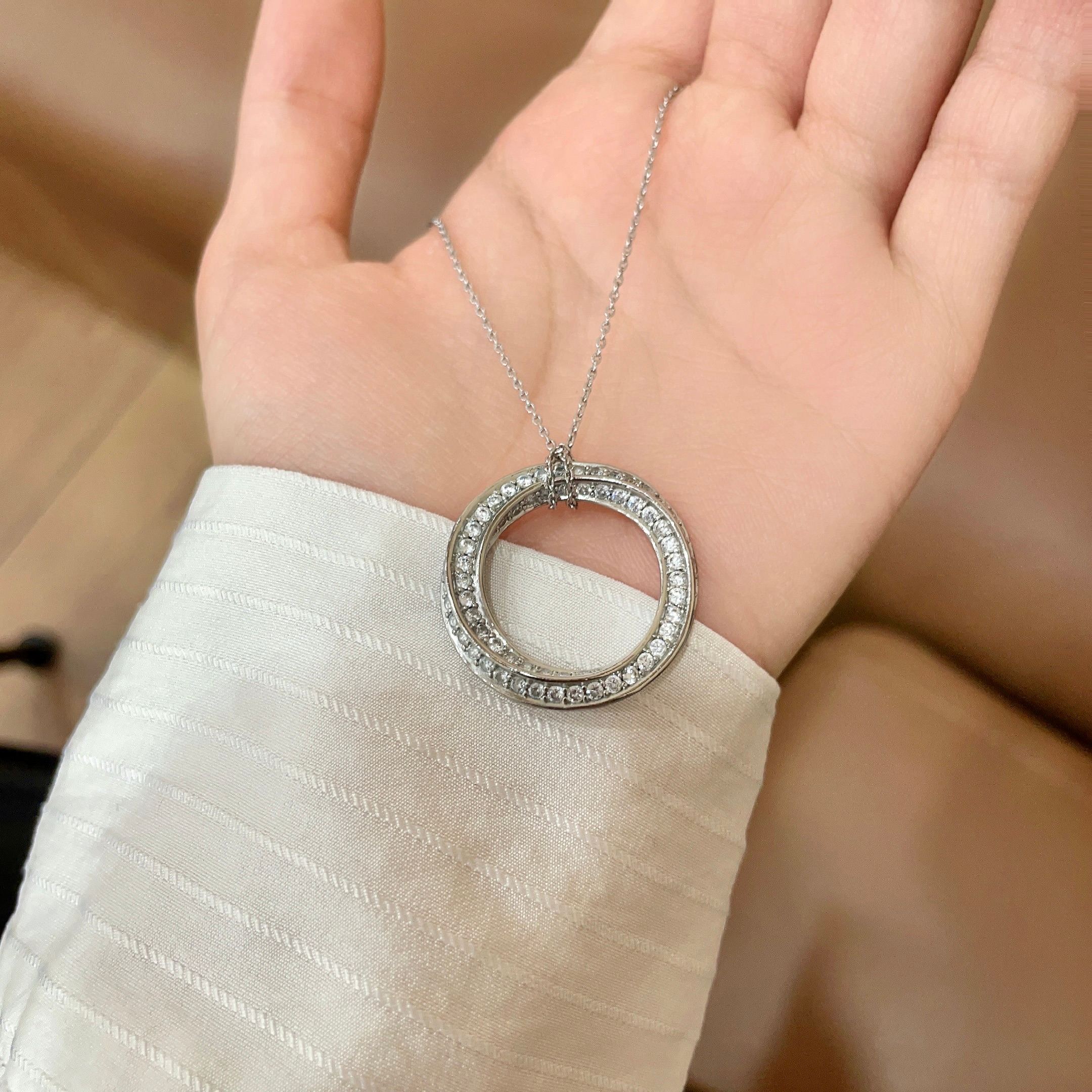 Celine Crystal Circle Pendant necklace Silver-toned metal with clear crystal accents 45cm with 5cm extender