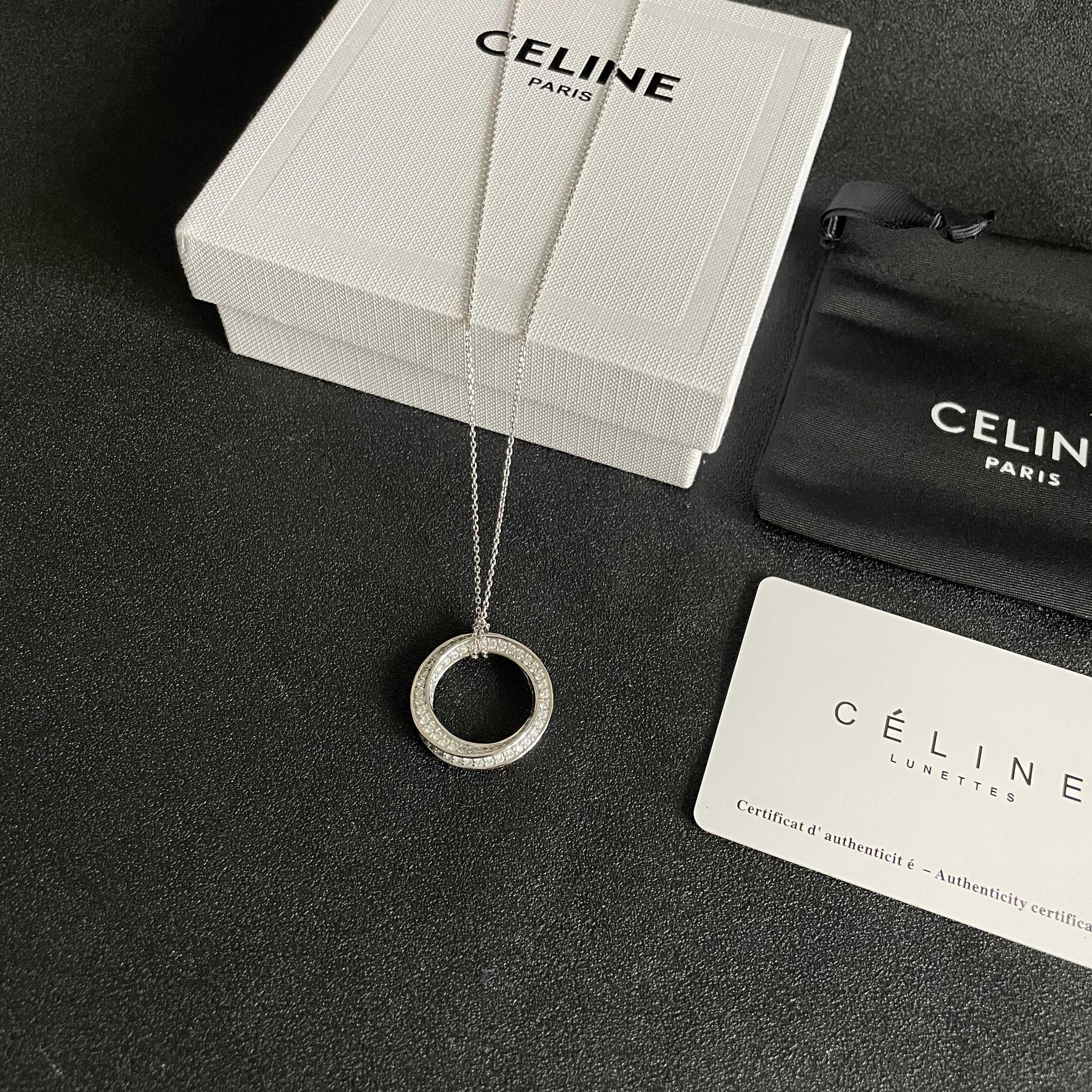 Celine Crystal Circle Pendant necklace Silver-toned metal with clear crystal accents 45cm with 5cm extender