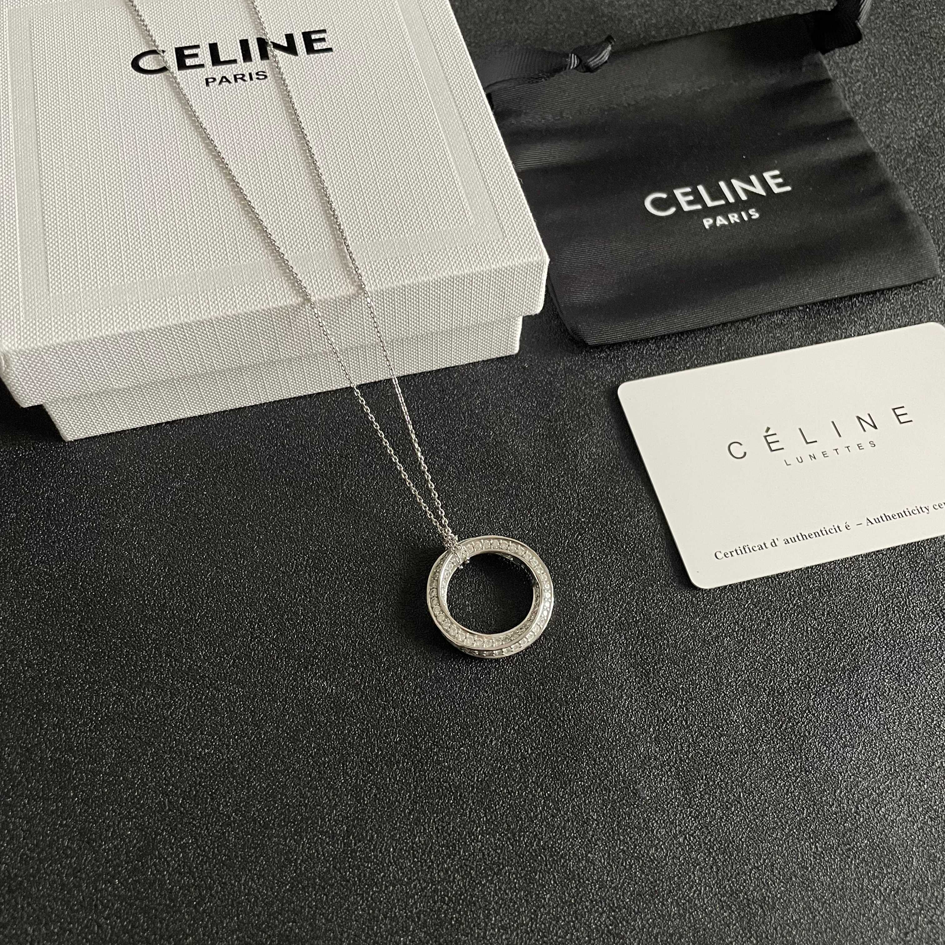 Celine Crystal Circle Pendant necklace Silver-toned metal with clear crystal accents 45cm with 5cm extender