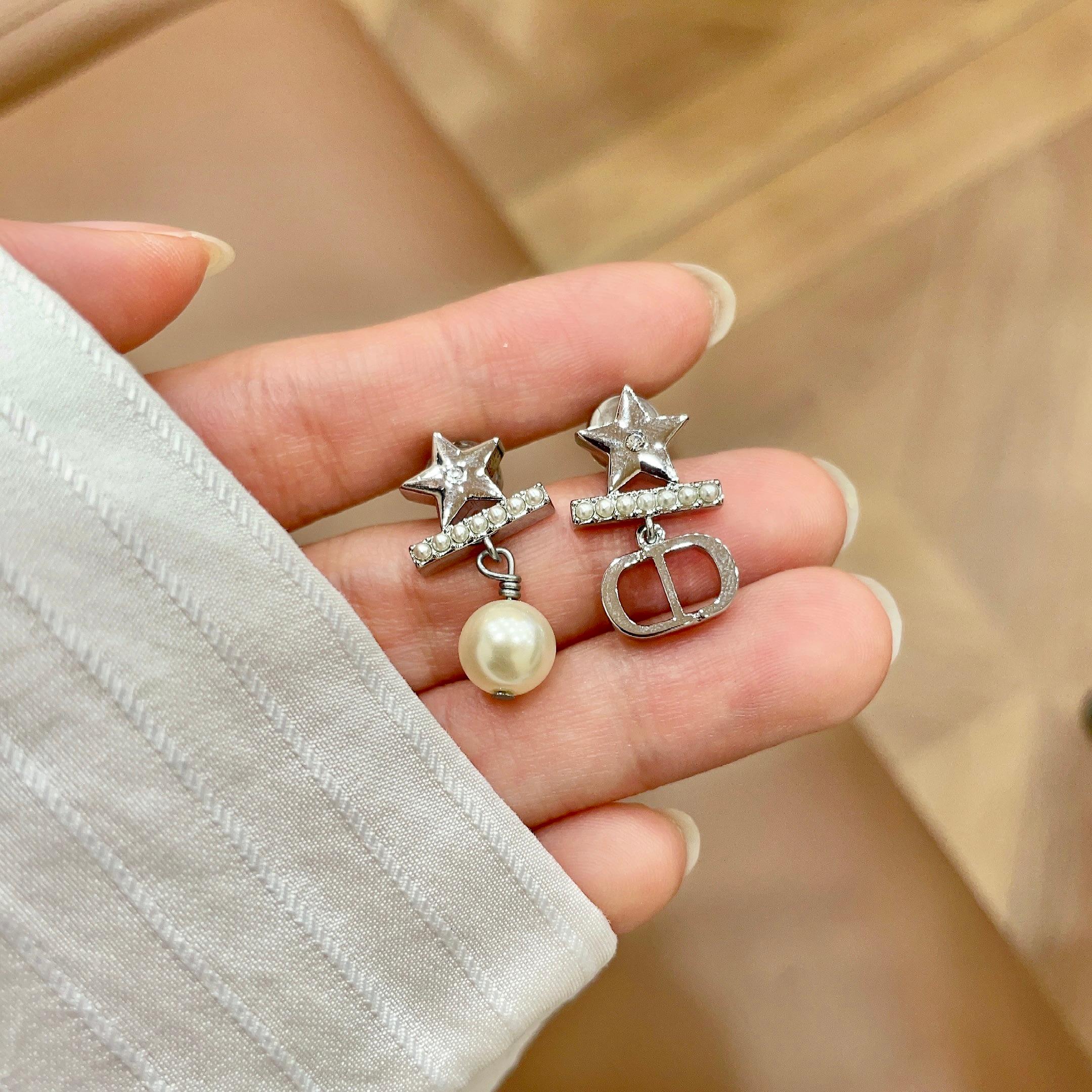 Dior CD Star Pearl Drop earrings Silver-toned metal white faux pearl clear crystal accents One Size